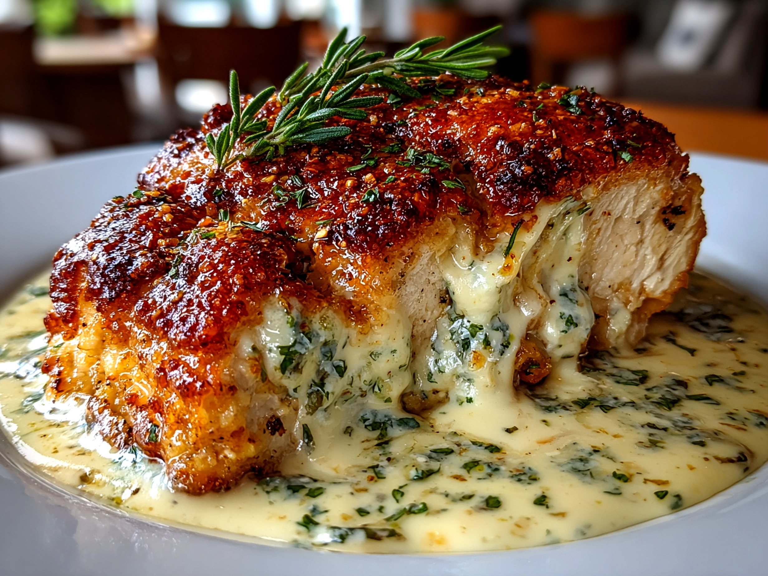 Freshly prepared baked Caesar chicken with creamy parmesan sauce