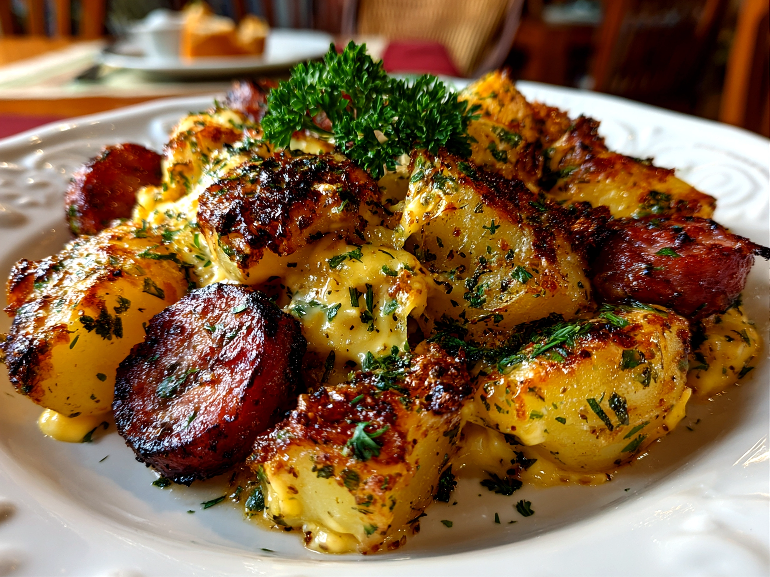 Freshly prepared Cheesy Ranch Potatoes and Smoked Sausage plated nicely