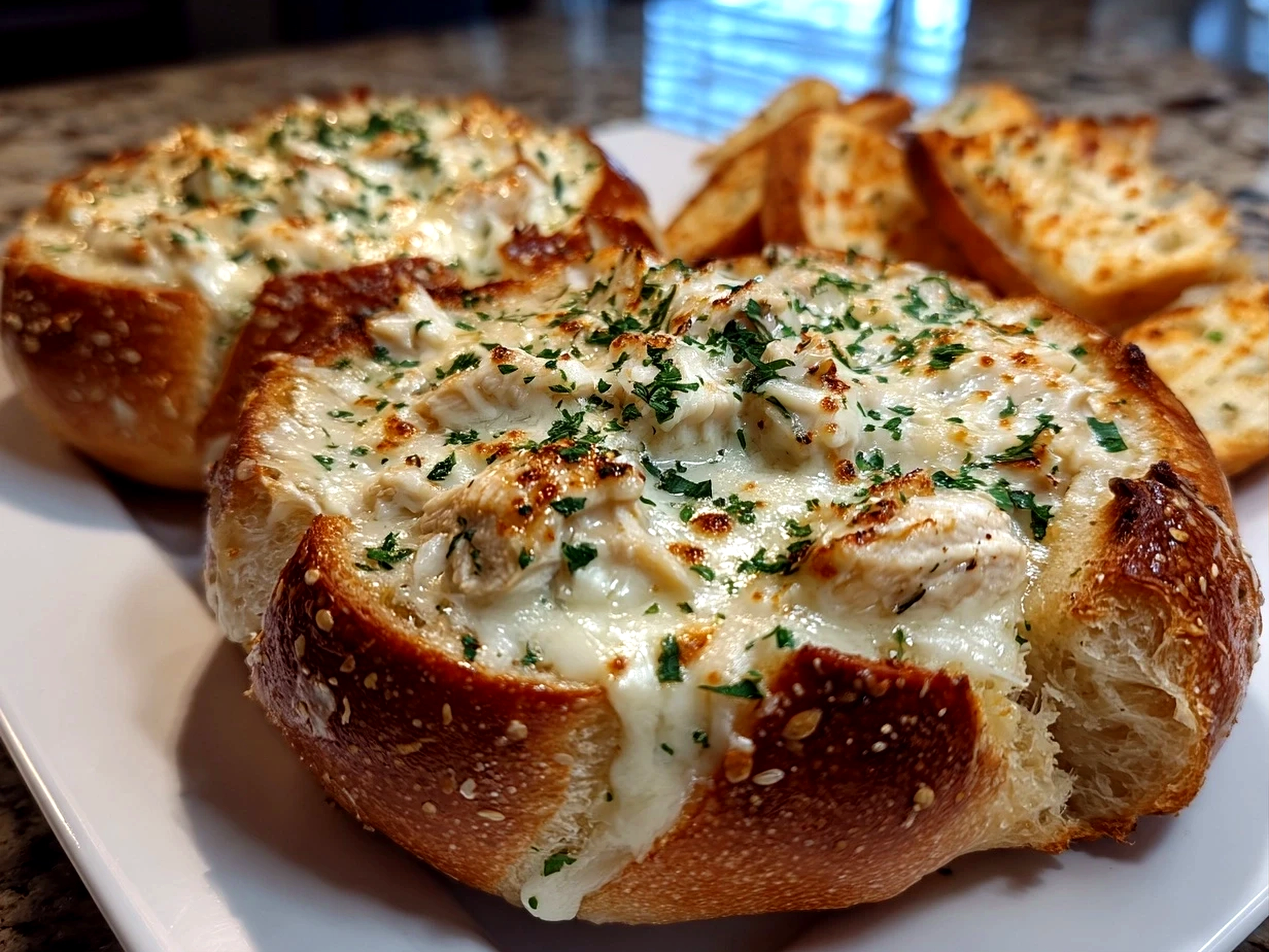 Freshly prepared Chicken Alfredo Garlic Bread Bowls ready to serve