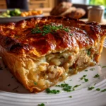 Freshly prepared chicken and leek pie on white plate