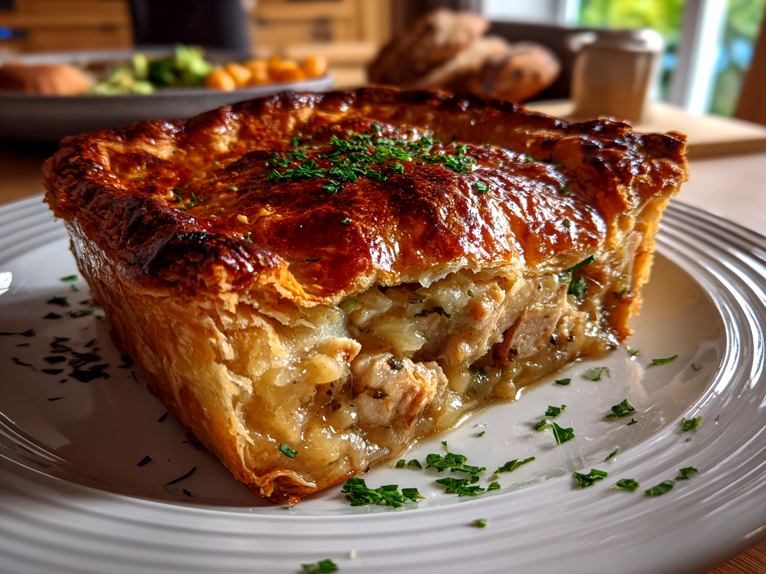 Freshly prepared chicken and leek pie on white plate