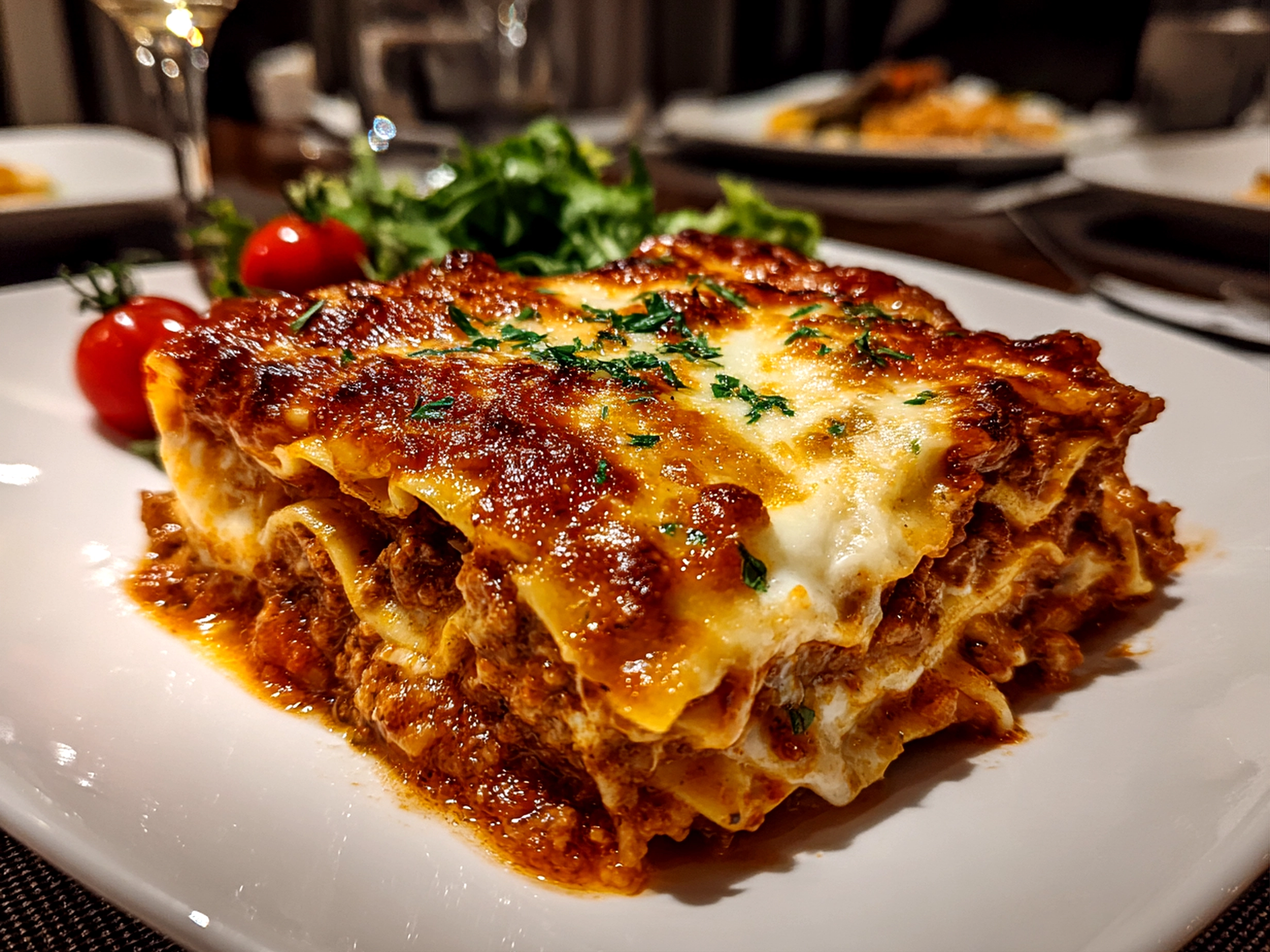 Freshly prepared classic lasagna with melted cheese