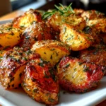 Freshly prepared crispy herb-infused roasted potatoes on white plate