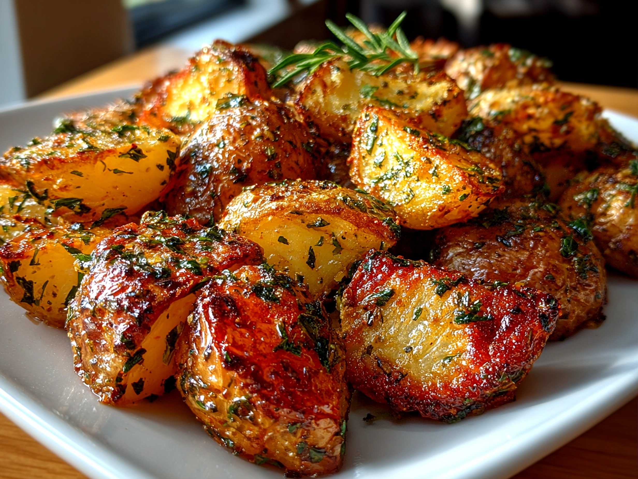Freshly prepared crispy herb-infused roasted potatoes on white plate