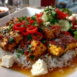 Freshly prepared hot honey infused feta chicken plated on white ceramic dish
