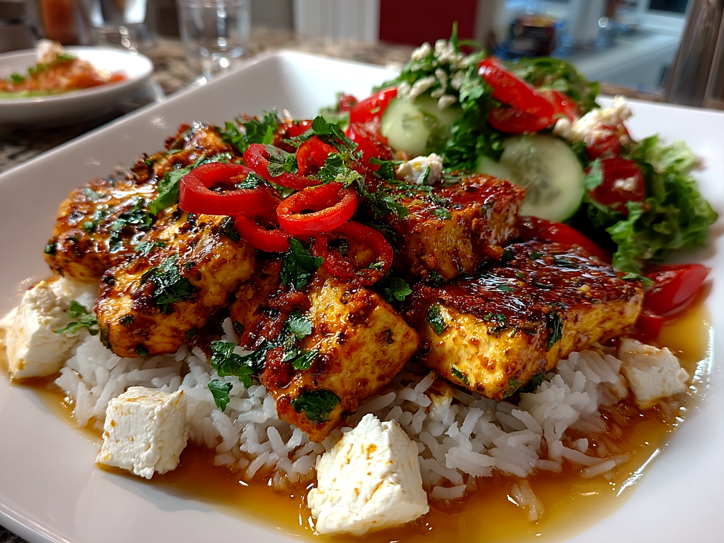 Freshly prepared hot honey infused feta chicken plated on white ceramic dish