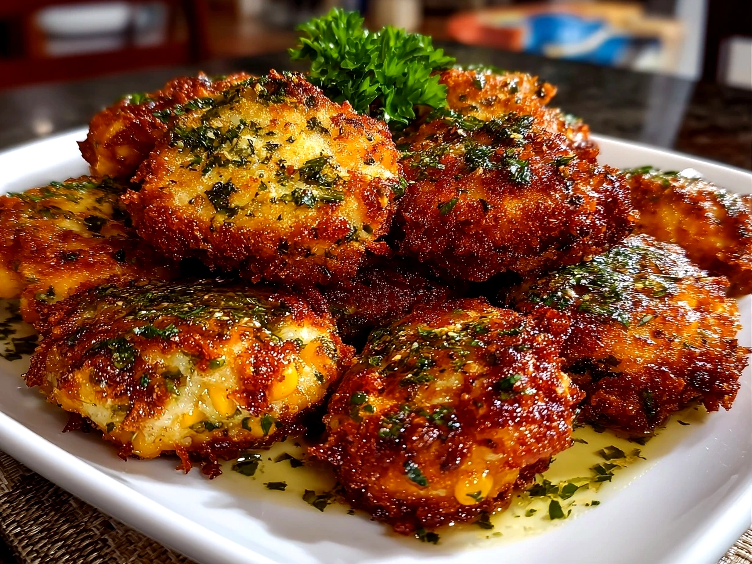 Freshly prepared jalapeno corn nuggets on white plate