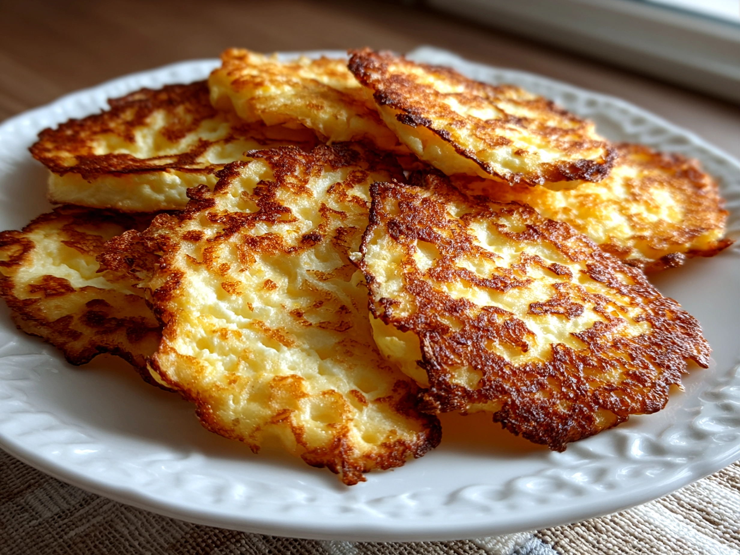 Freshly prepared Keto Cottage Cheese Chips on white plate