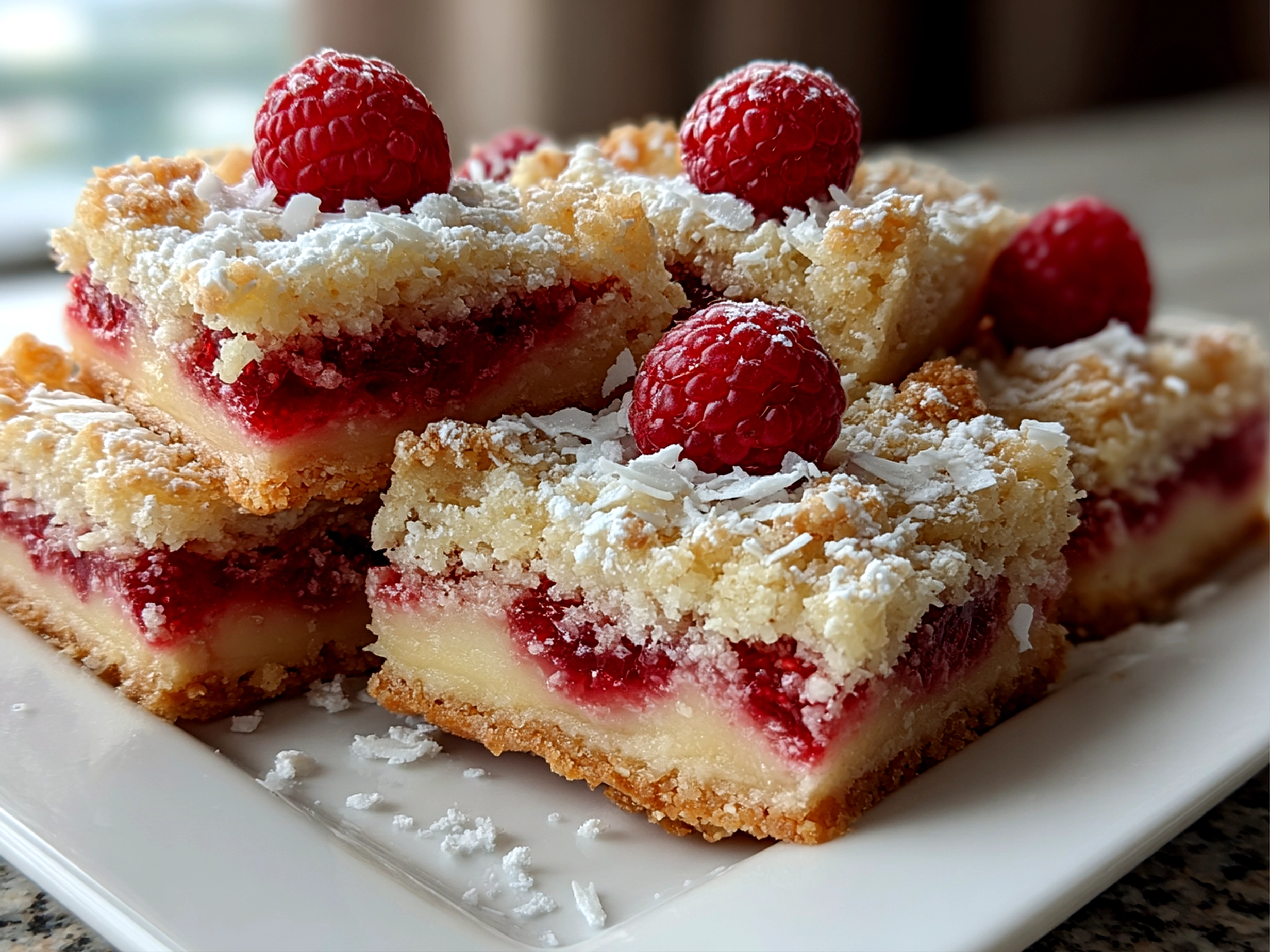 Freshly prepared Lemon and Sweet Raspberry Bars close-up