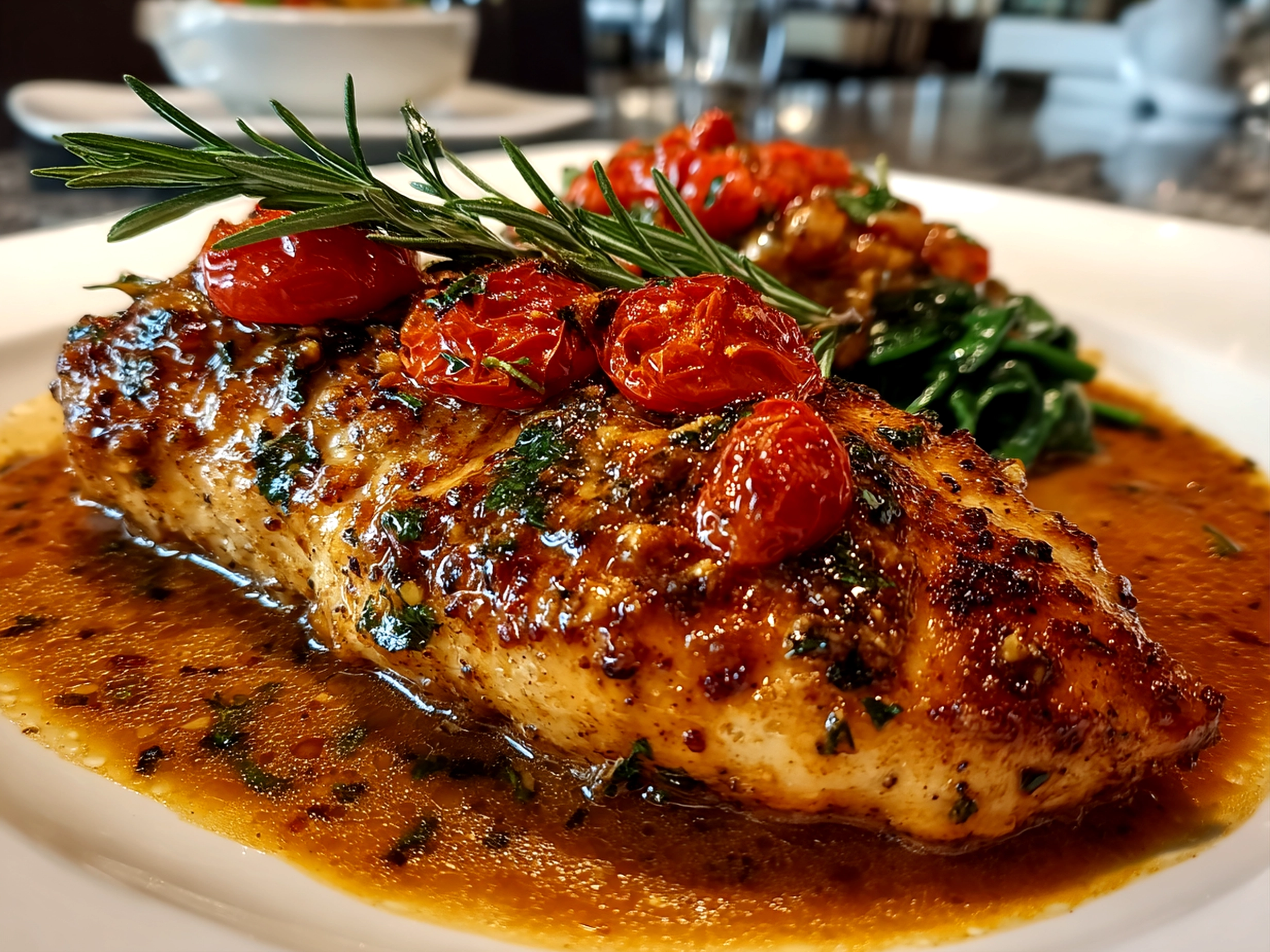 Freshly prepared Marry Me Tuscan Chicken on white plate