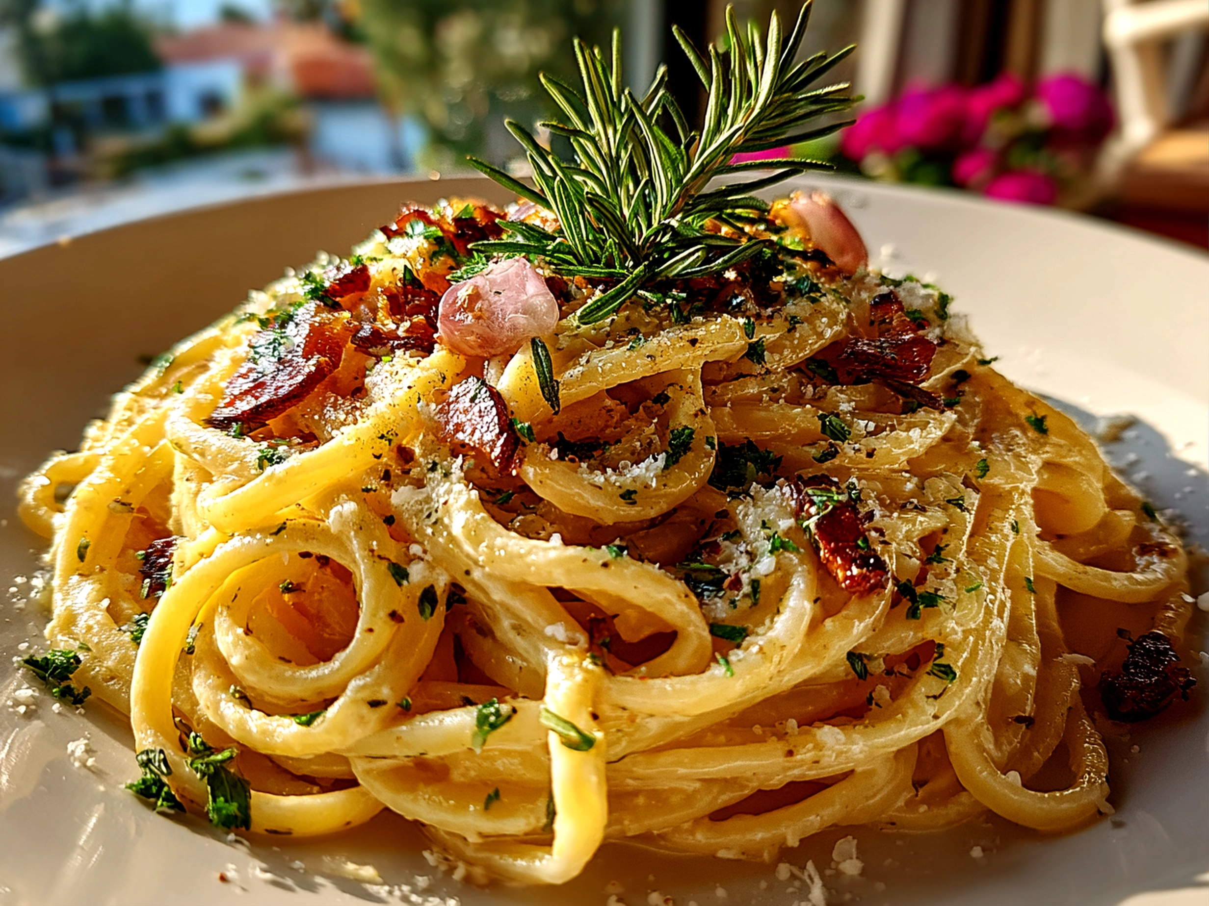 Freshly prepared pink creamy vegan pasta on white plate