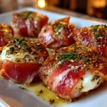 Freshly prepared Prosciutto Wrapped Mozzarella Bites on white plate