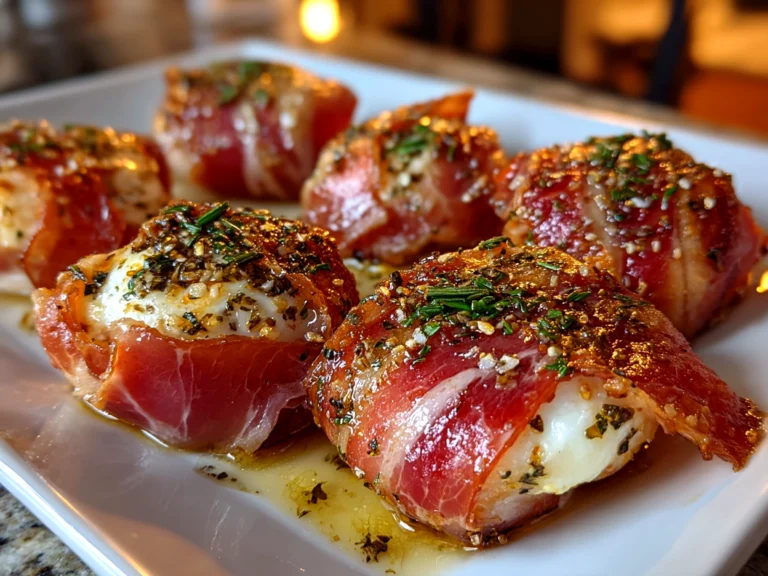 Freshly prepared Prosciutto Wrapped Mozzarella Bites on white plate