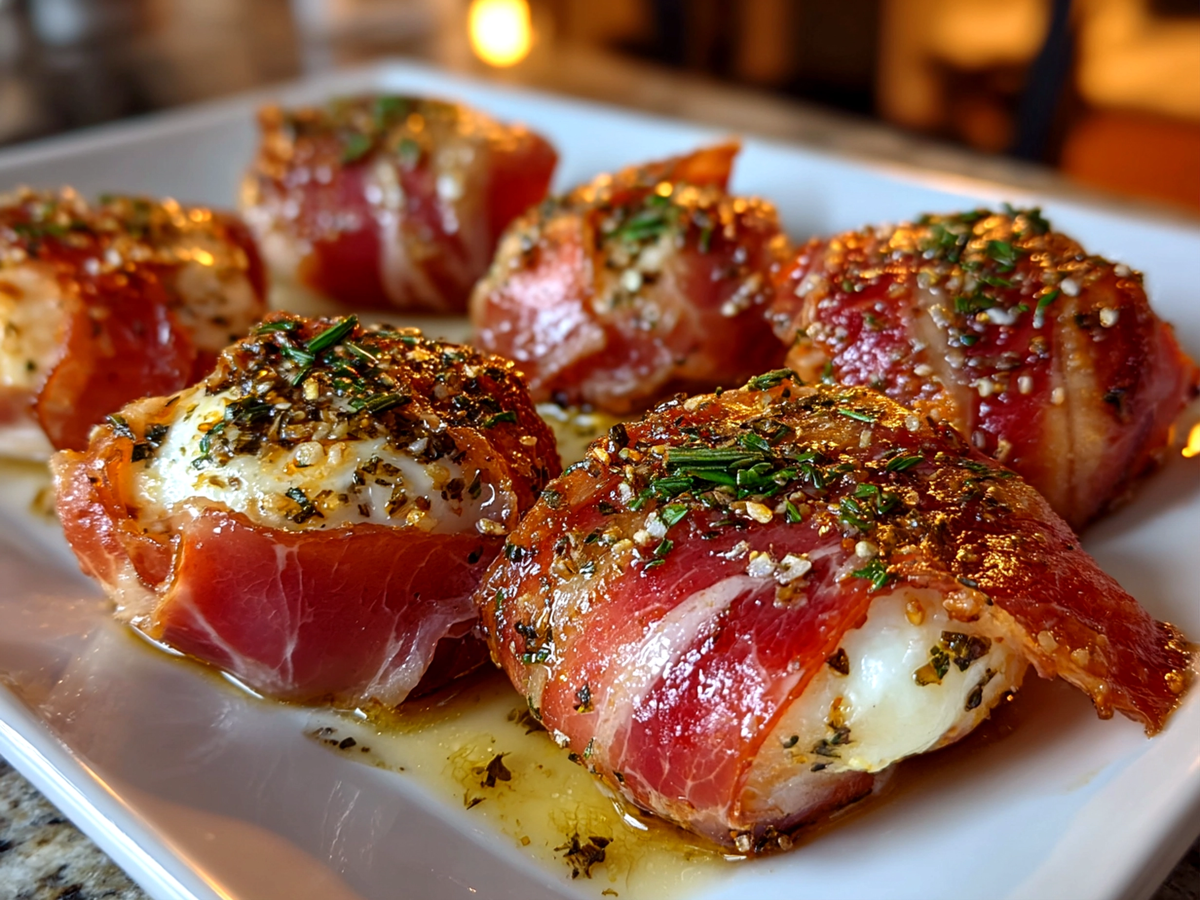 Freshly prepared Prosciutto Wrapped Mozzarella Bites on white plate