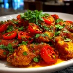 Freshly prepared spicy Portuguese chilli chicken on white plate