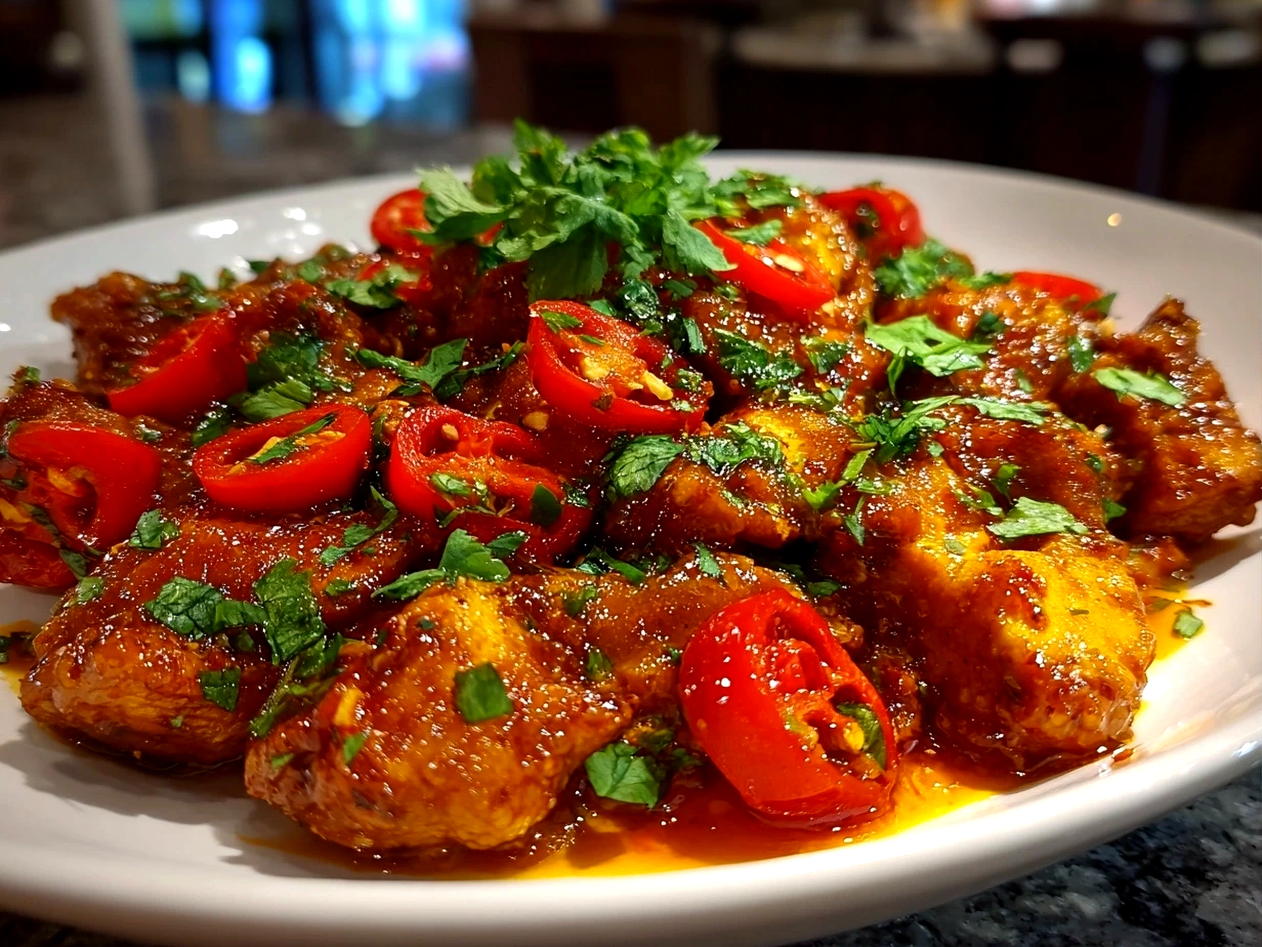 Freshly prepared spicy Portuguese chilli chicken on white plate