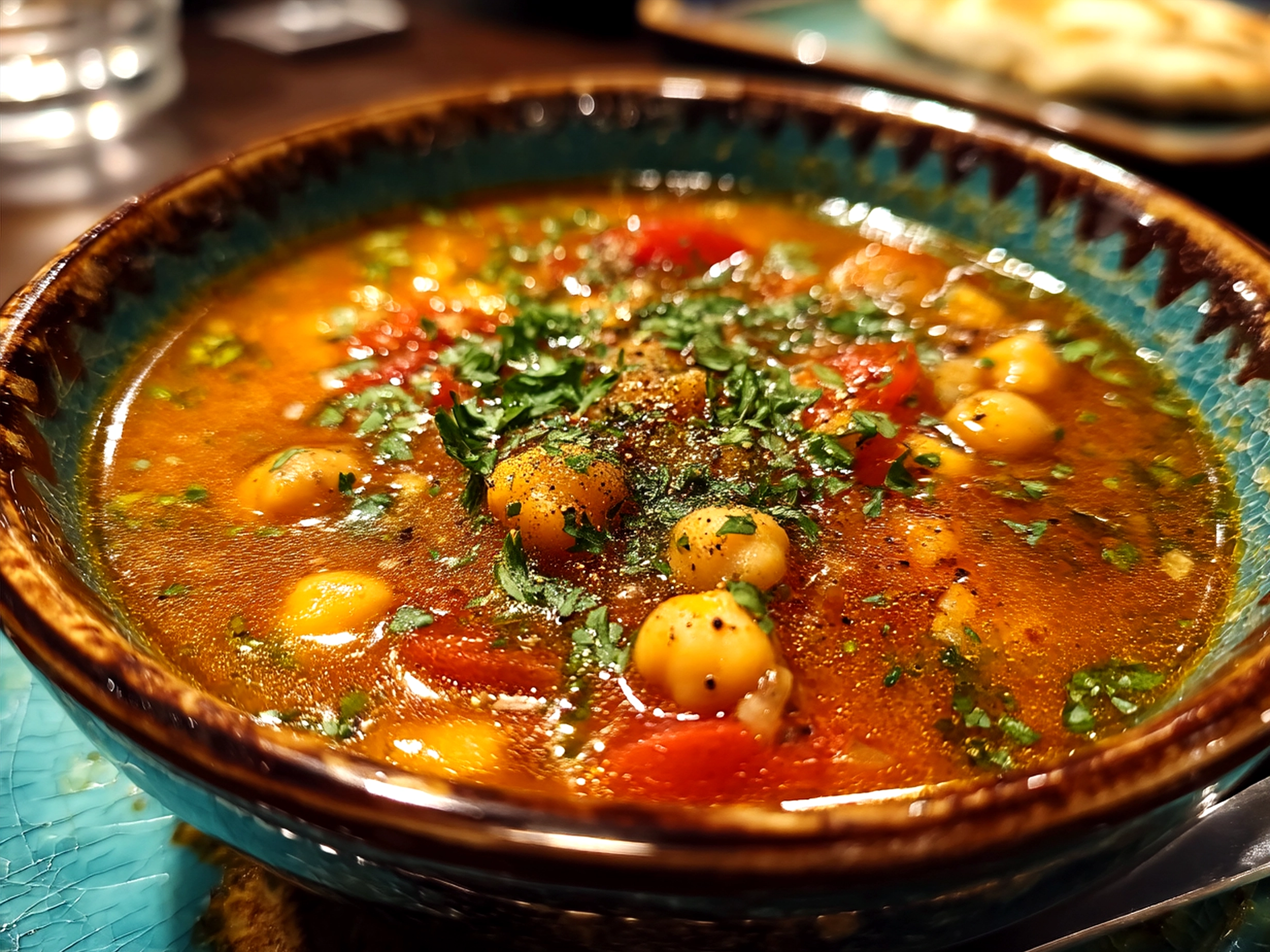 Serving Greek Chickpea Soup in a rustic bowl