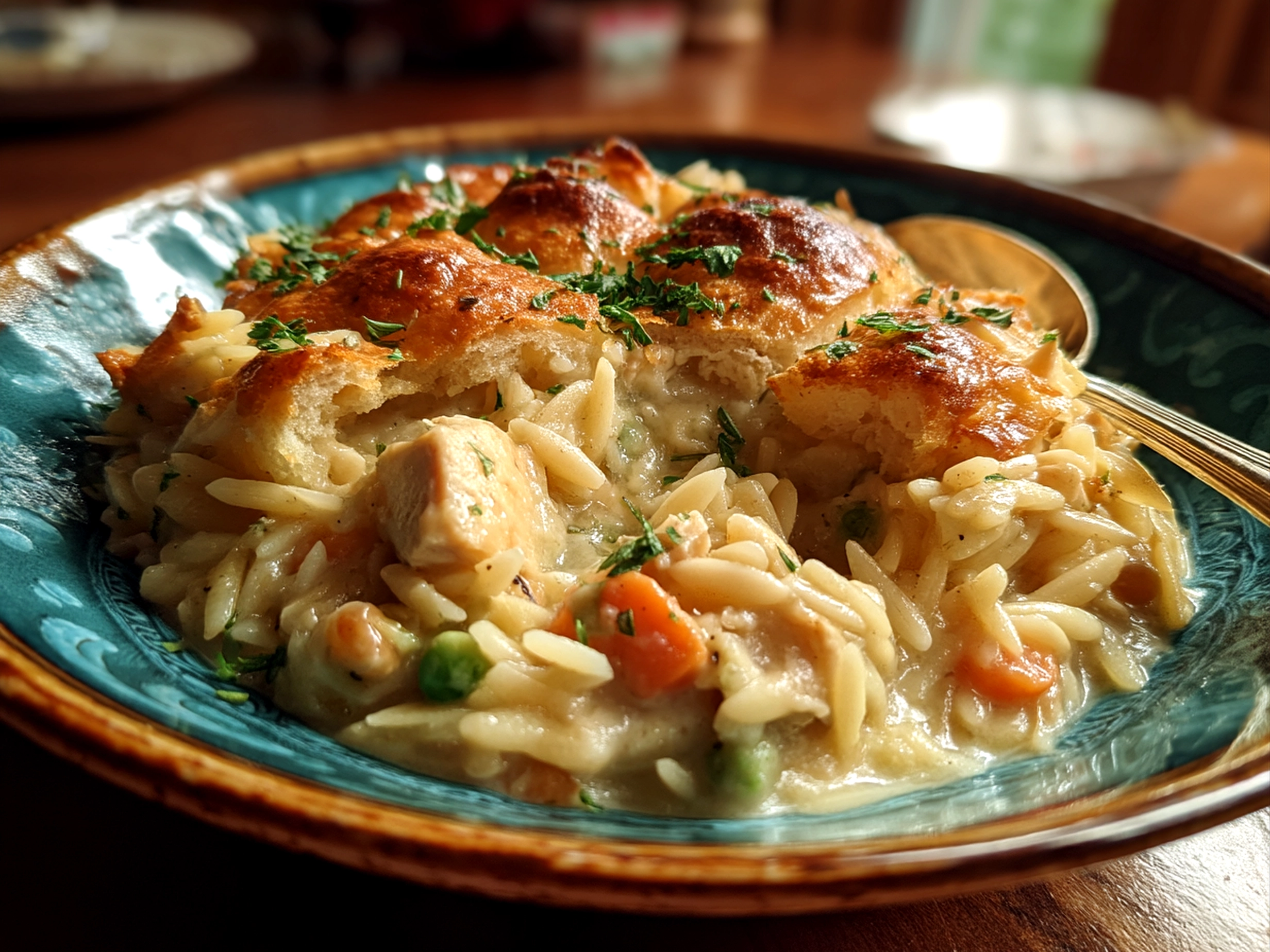 Close-up of finished Chicken Pot Pie Orzo served in a pot, ready to enjoy.