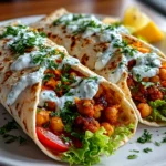 Home cook, taken with iPhone 14 Pro. Close-up slight angle of delicious buffalo chickpea wraps on white plate. Fresh vibrant --ar 4:3 --style raw --s 225