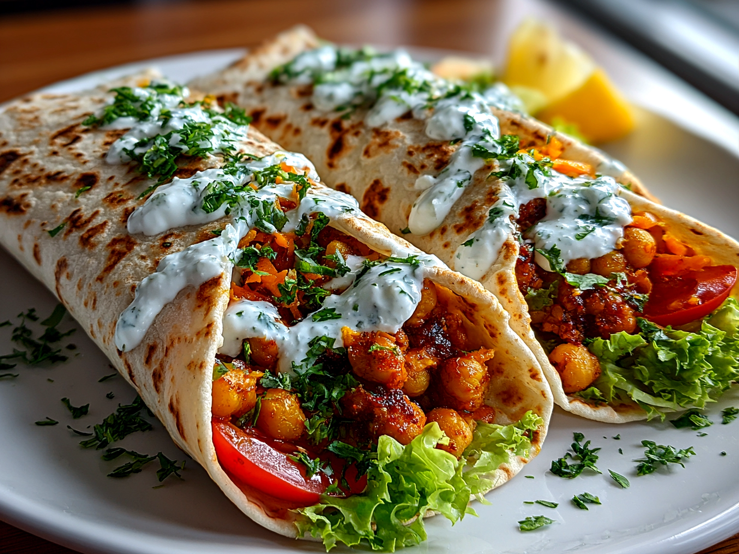 Home cook, taken with iPhone 14 Pro. Close-up slight angle of delicious buffalo chickpea wraps on white plate. Fresh vibrant --ar 4:3 --style raw --s 225