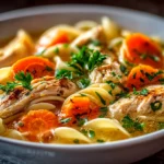 Home cook, taken with iPhone 14. Close-up slight angle of comforting chicken noodle soup on white plate. Fresh vibrant --ar 4:3 --style raw --s 240