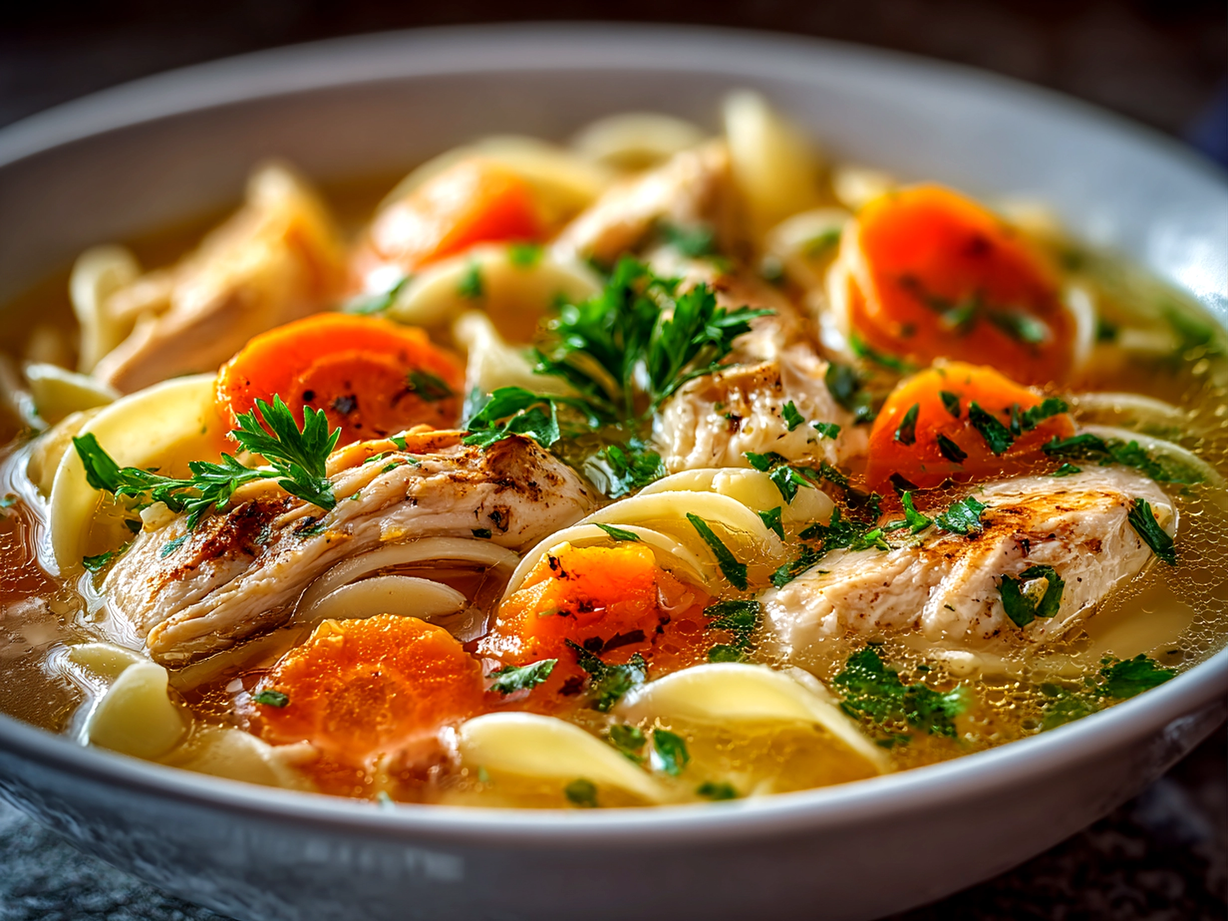 Home cook, taken with iPhone 14. Close-up slight angle of comforting chicken noodle soup on white plate. Fresh vibrant --ar 4:3 --style raw --s 240