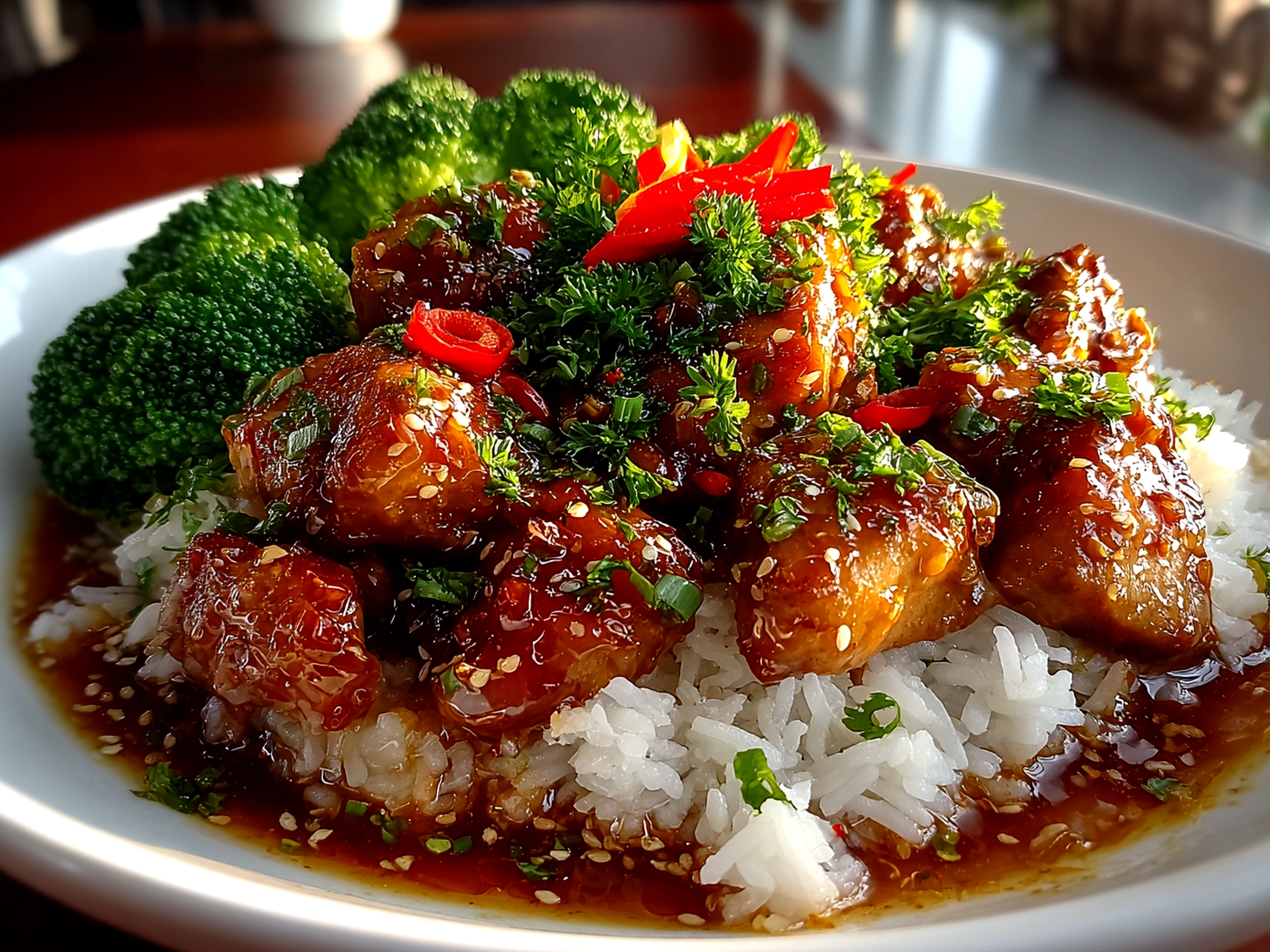 Home cook, taken with iPhone 14. Close-up slight angle of comforting sweet chili chicken bowl on white plate. Hearty comforting --ar 4:3 --style raw --s 240