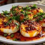 home cook, taken with iPhone 14. Close-up slight angle of delicious Spicy Gochujang Eggs on white plate. fresh vibrant --ar 4:3 --style raw --s 240