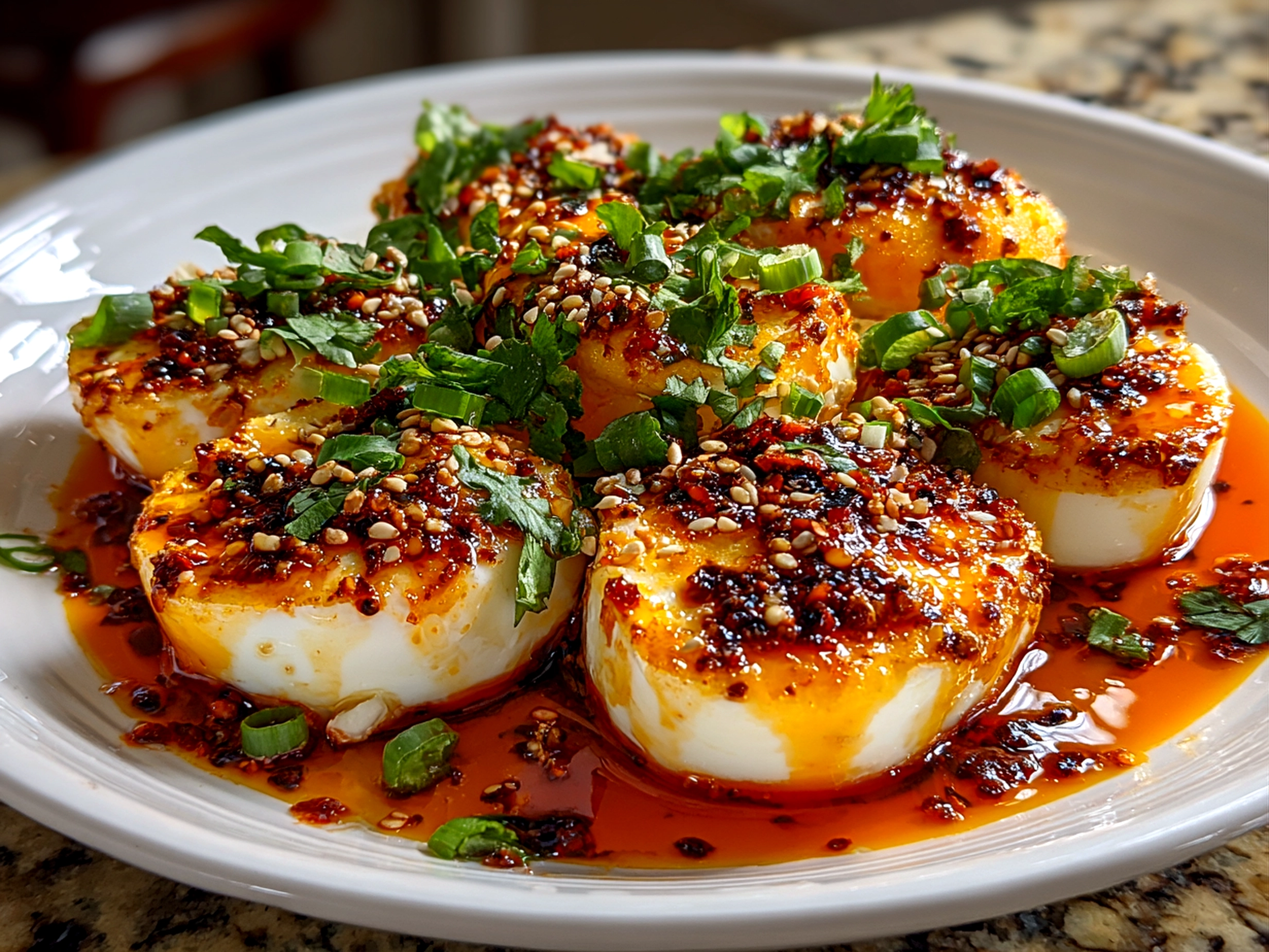 home cook, taken with iPhone 14. Close-up slight angle of delicious Spicy Gochujang Eggs on white plate. fresh vibrant --ar 4:3 --style raw --s 240