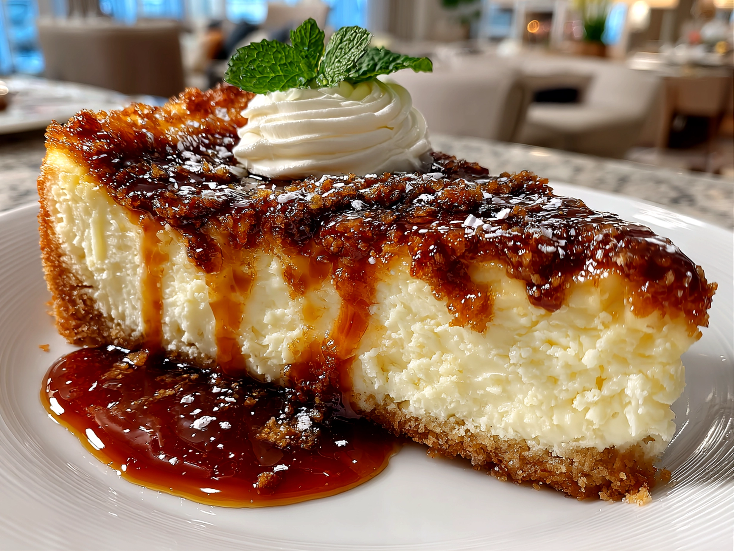 Home cook, taken with iPhone 15 Pro. Close-up slight angle of comforting cheesecake slab on white plate. rich inviting --ar 4:3 --style raw --s 260