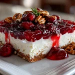 Homemade Cranberry Jello Pretzel Salad on white plate
