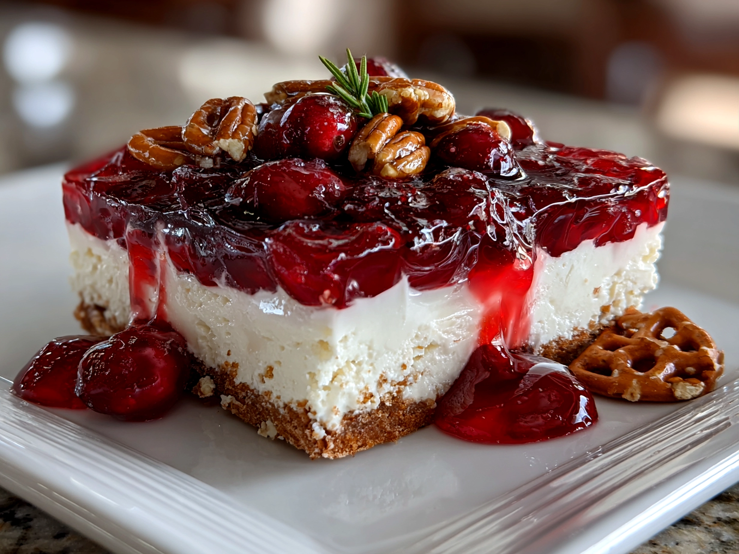 Homemade Cranberry Jello Pretzel Salad on white plate