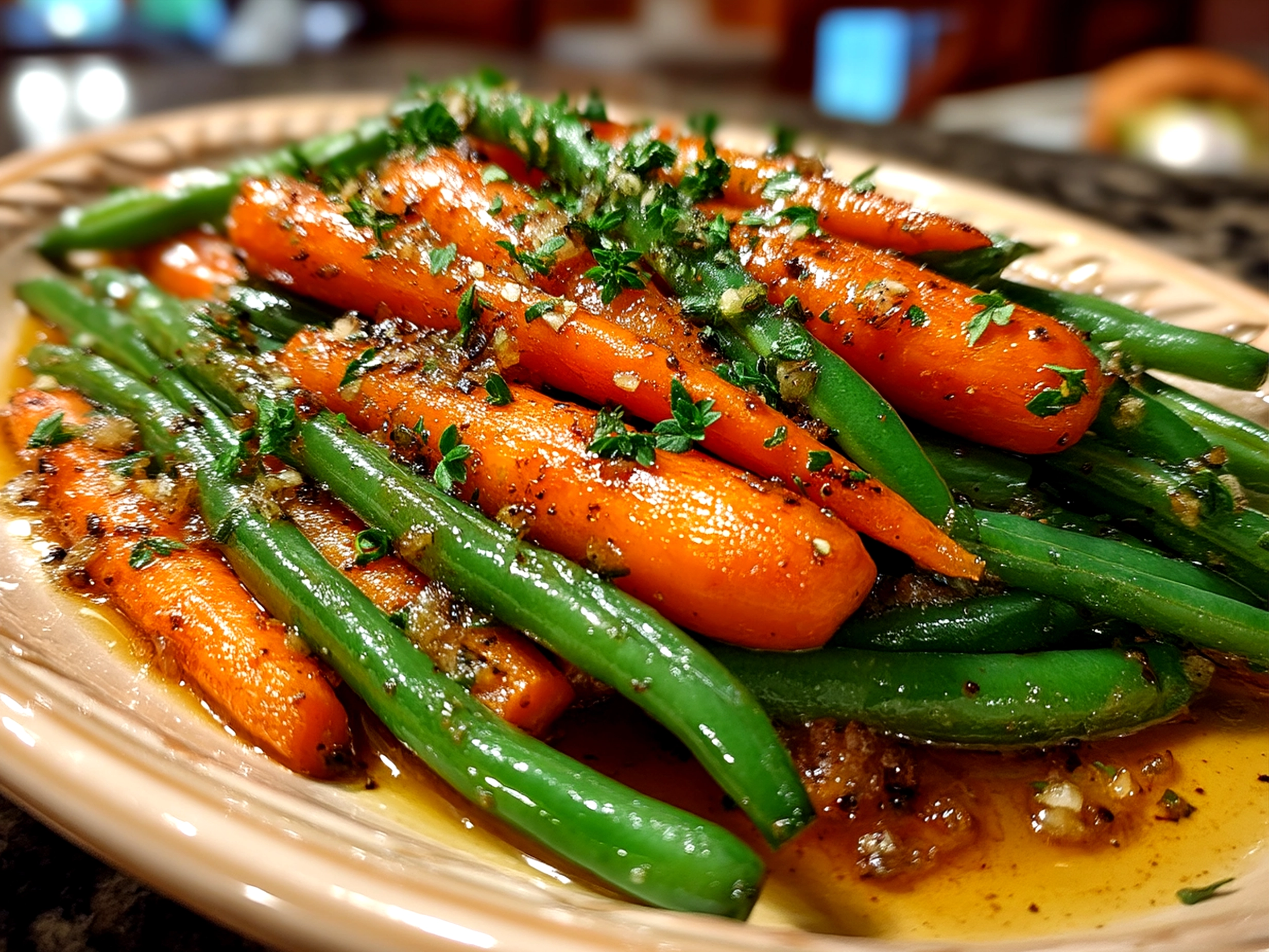 Honey Glazed Carrots and Green Beans served as a side dish