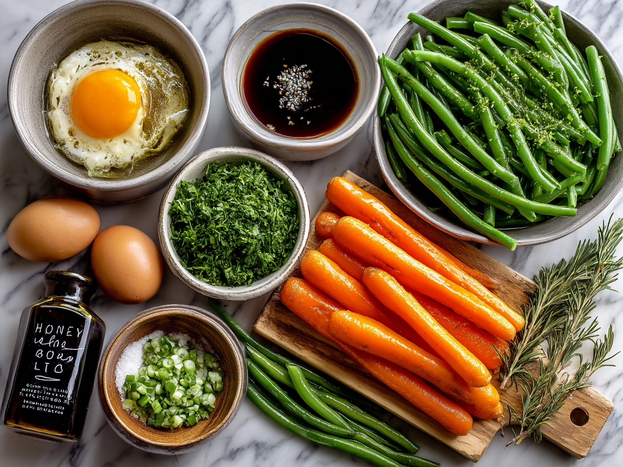 Ingredients for Honey Glazed Carrots Green Beans including fresh green beans, carrots, honey, olive oil, apple cider vinegar