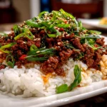 Korean Ground Beef sizzling in skillet
