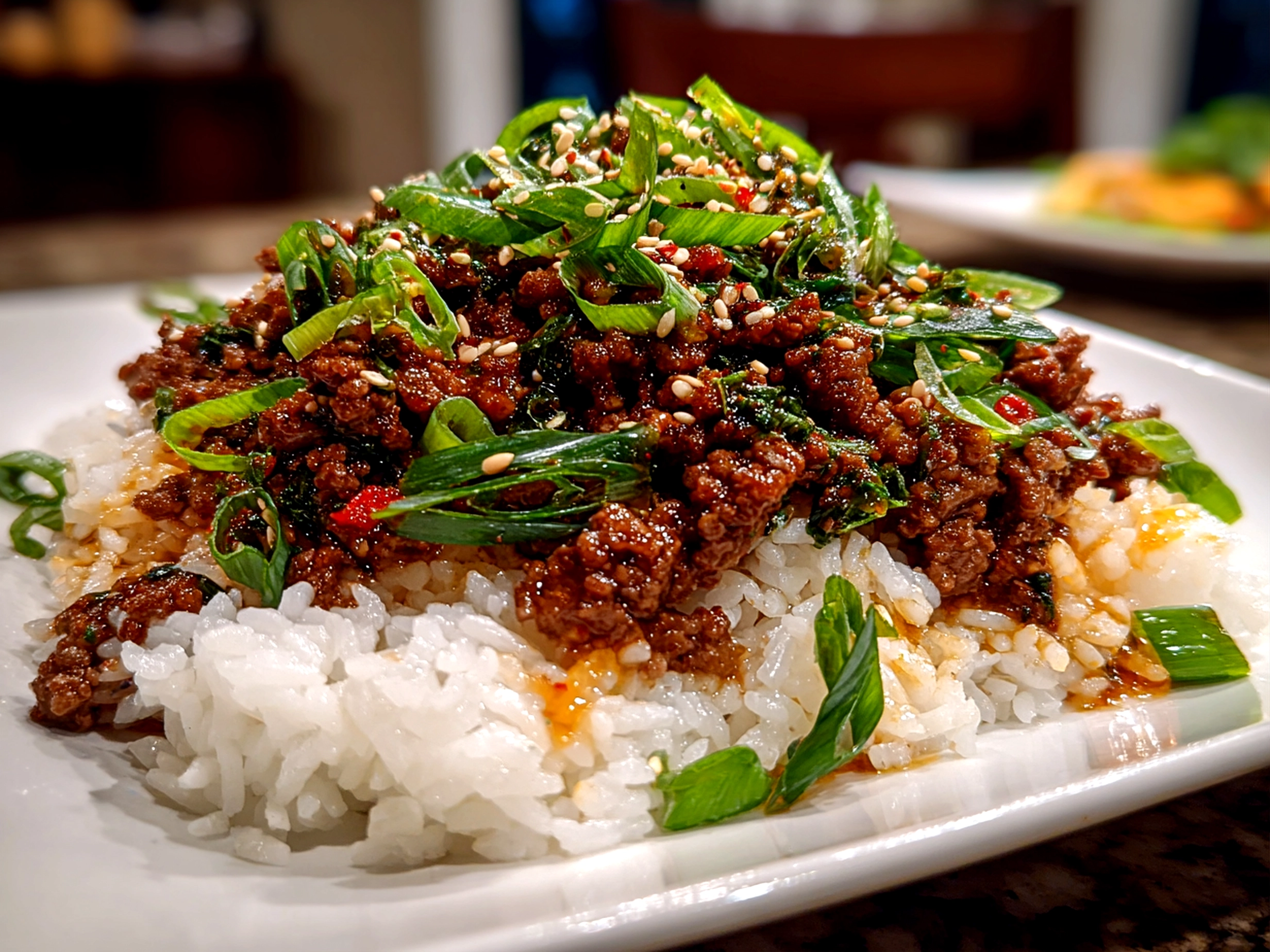 Korean Ground Beef sizzling in skillet