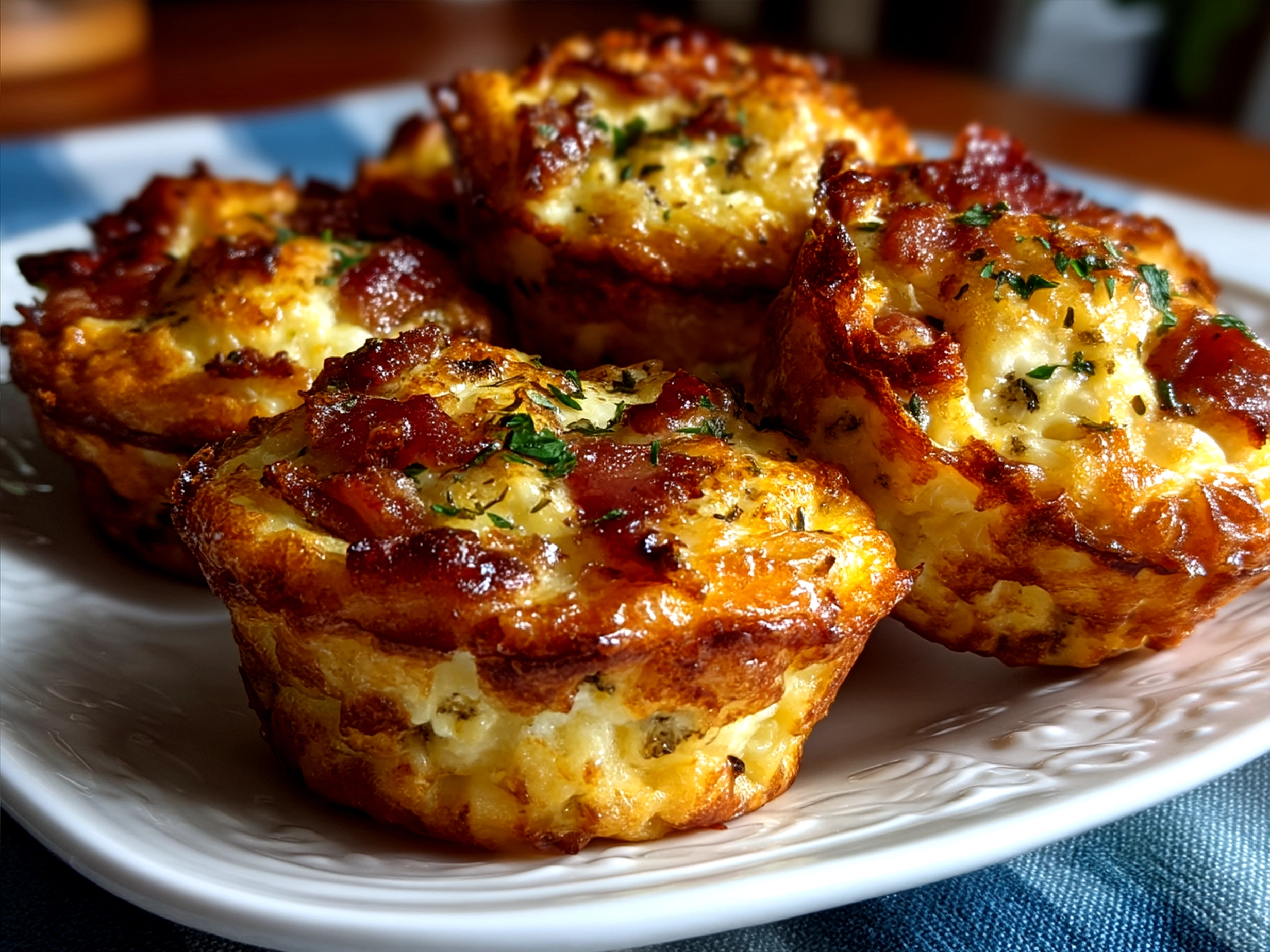 Served Loaded Bacon and Egg Hash Brown Muffins on a plate