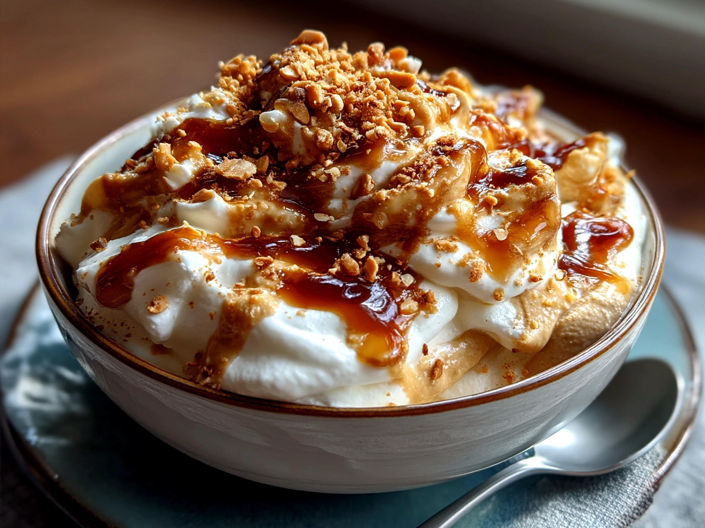 Served Peanut Butter Yogurt Fluff Bowl topped with fresh fruit and nuts