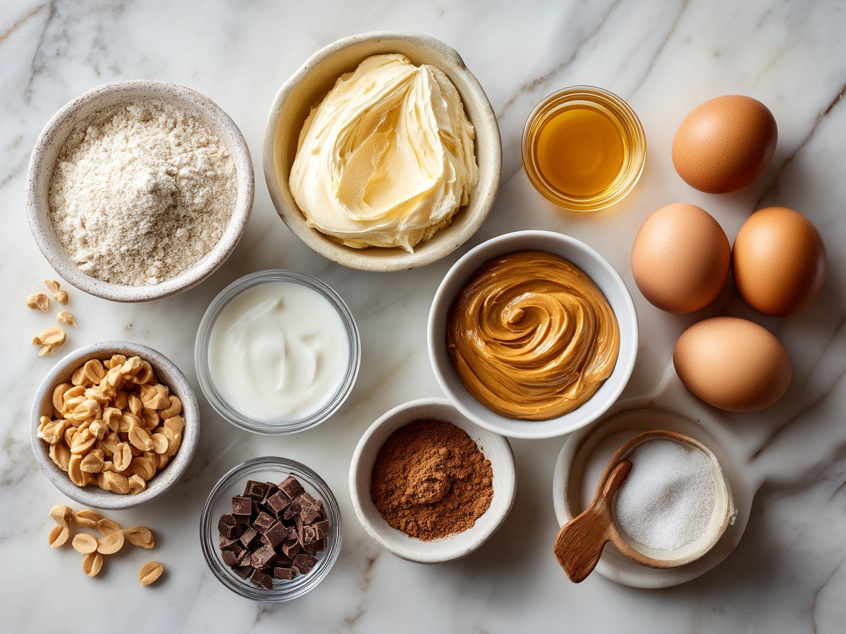 Ingredients for Peanut Butter Yogurt Fluff Bowl including Greek yogurt, peanut butter, honey, vanilla extract, sea salt, and fresh berries