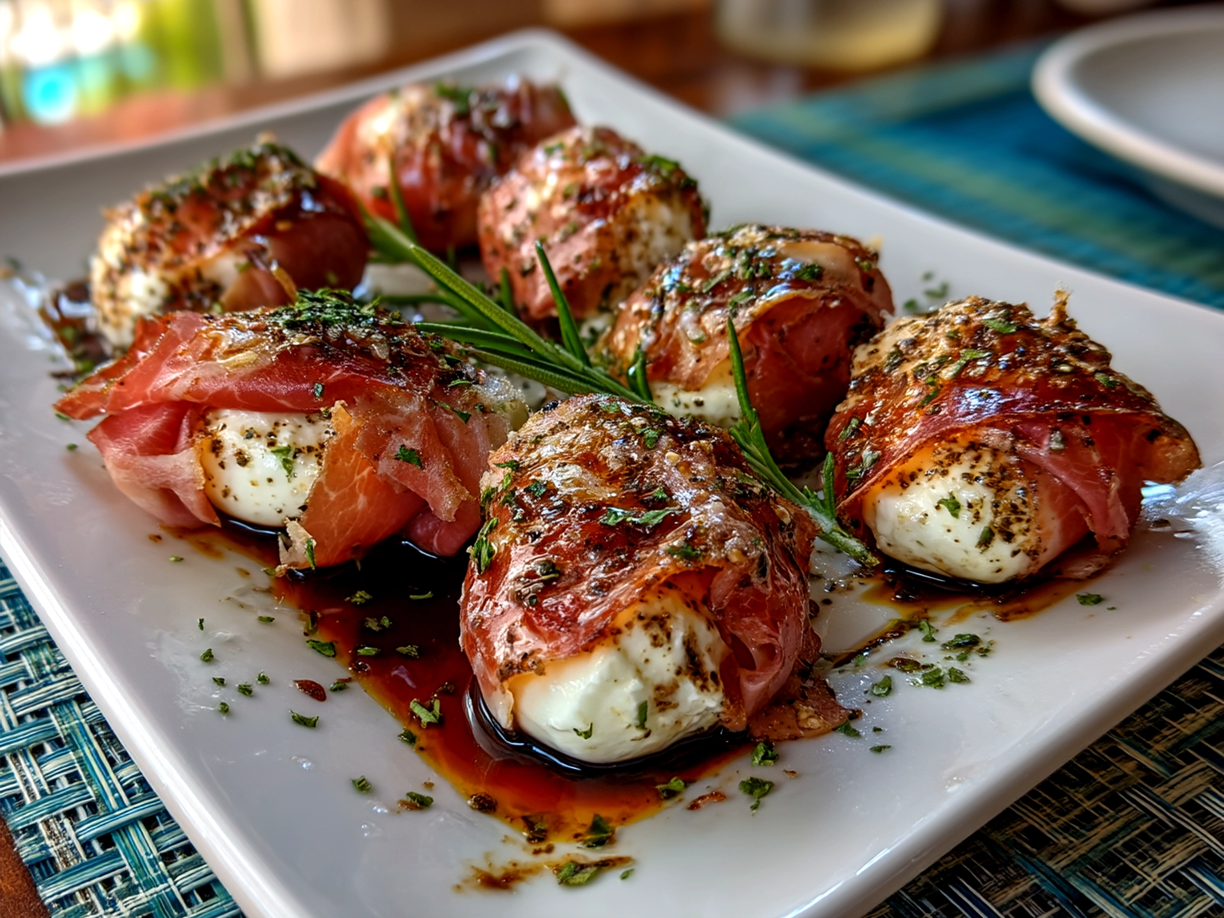 Plate of Prosciutto Wrapped Mozzarella Bites garnished with fresh basil and olive oil drizzle