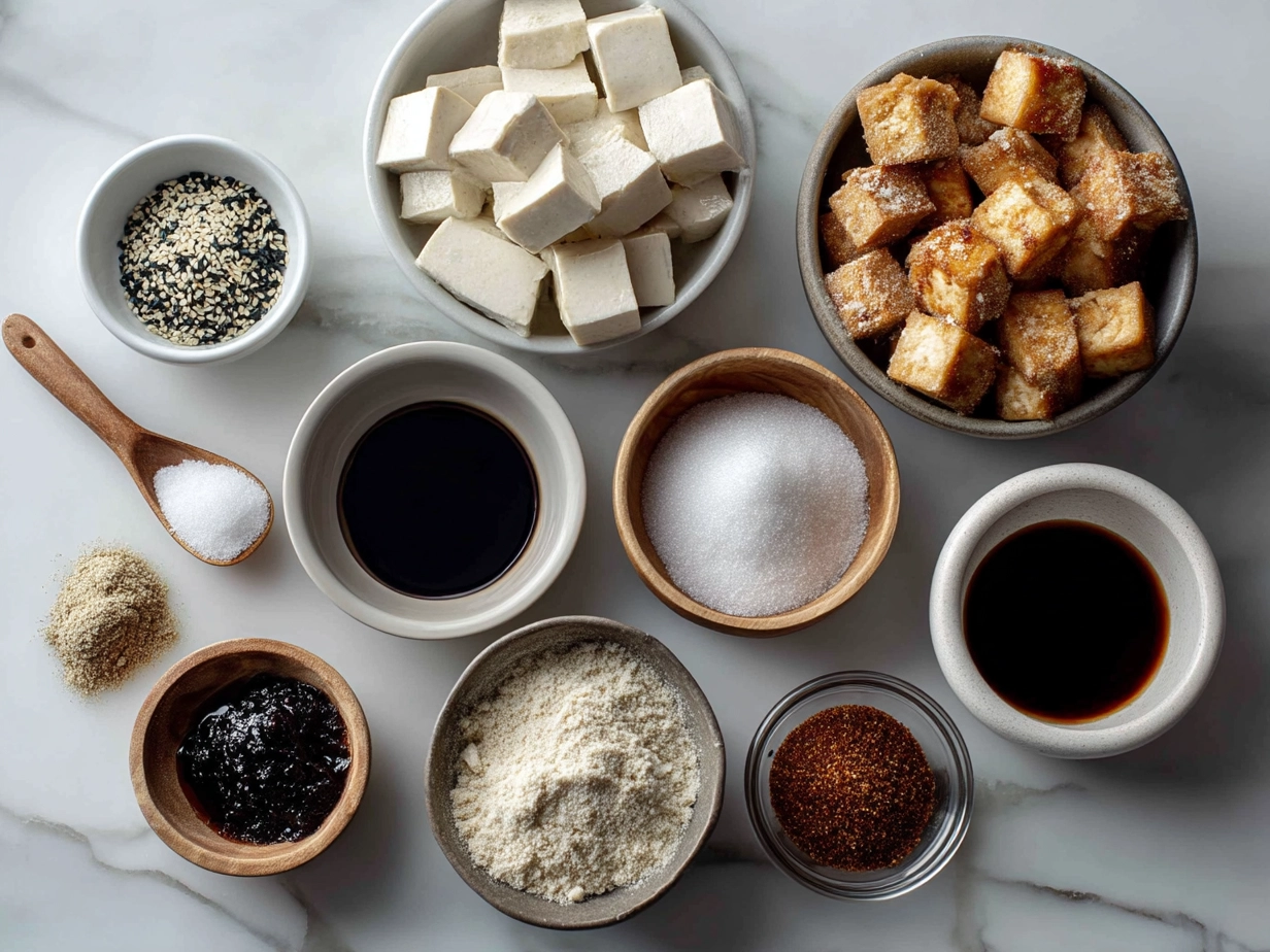 Raw ingredients for making Crispy Teriyaki Tofu Cubes including tofu block, soy sauce, mirin, maple syrup, rice vinegar, sesame oil, cornstarch and vegetable oil