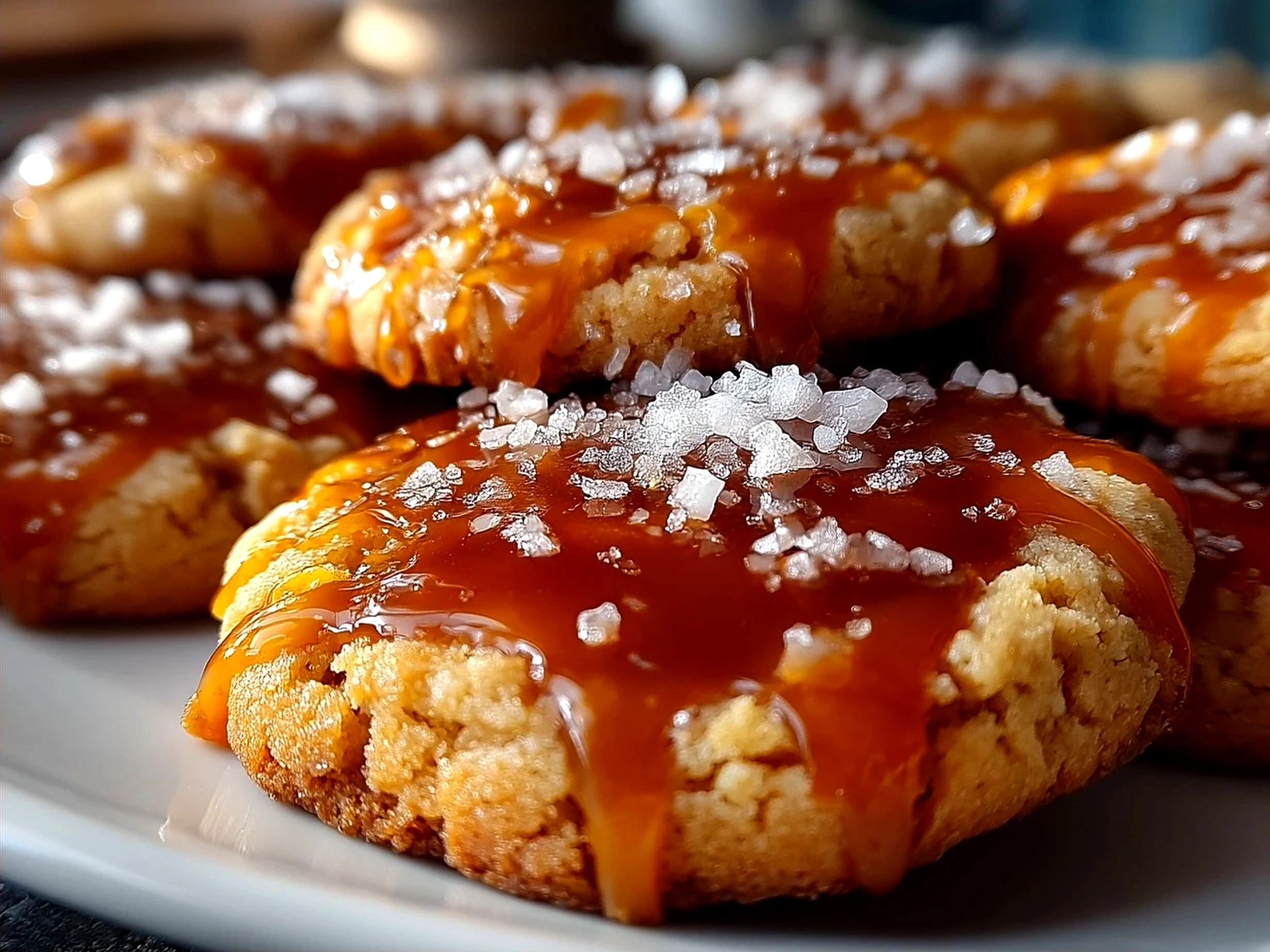 Plate of freshly baked Salted Caramel Cookies served with a glass of milk