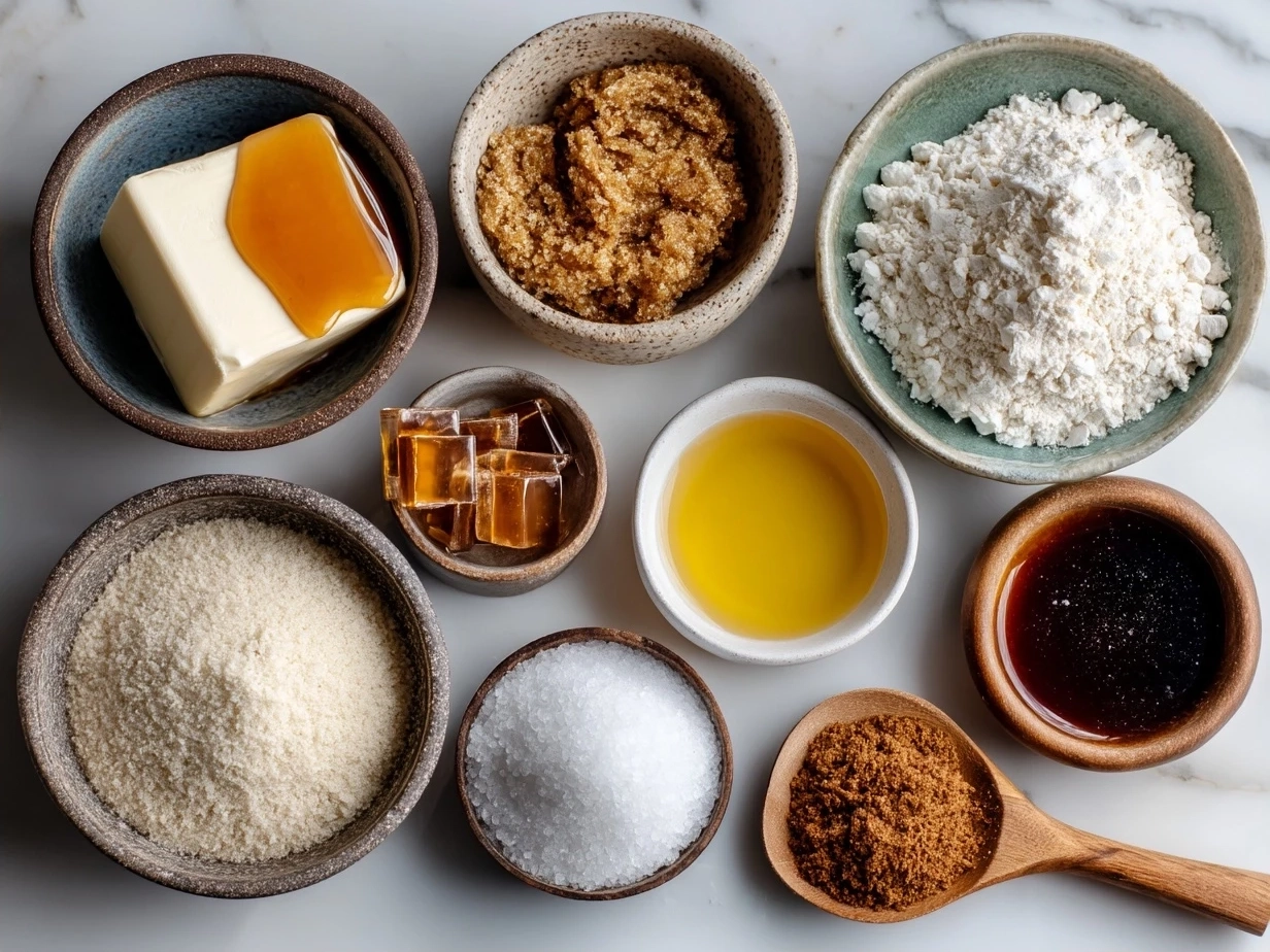 Ingredients for Salted Caramel Cookies laid out on a wooden surface