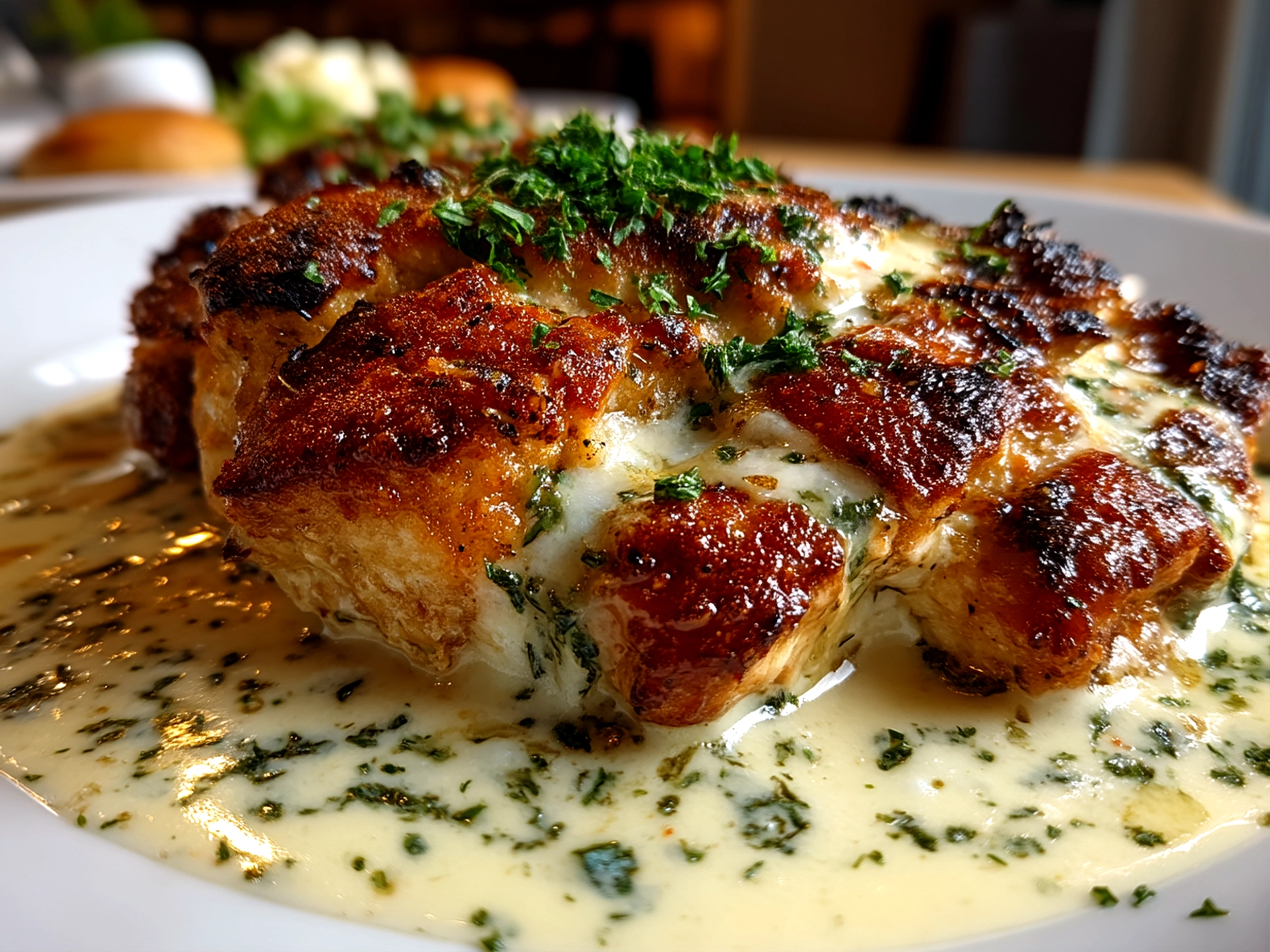 Slight angle close-up of finished Baked Caesar Chicken with Creamy Parmesan Sauce showing golden cheese and fresh herbs