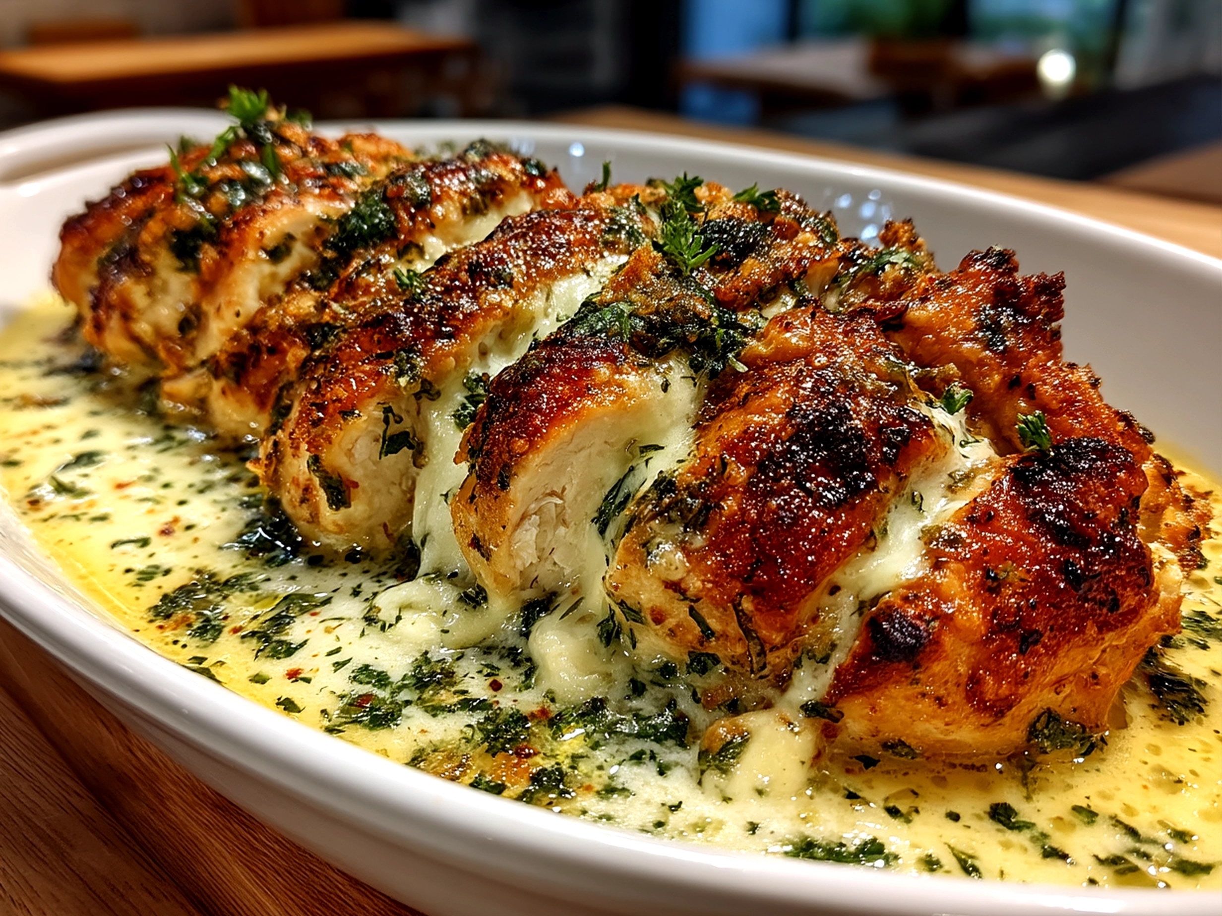 Finished baked Caesar chicken with creamy parmesan sauce served on a plate with garnish