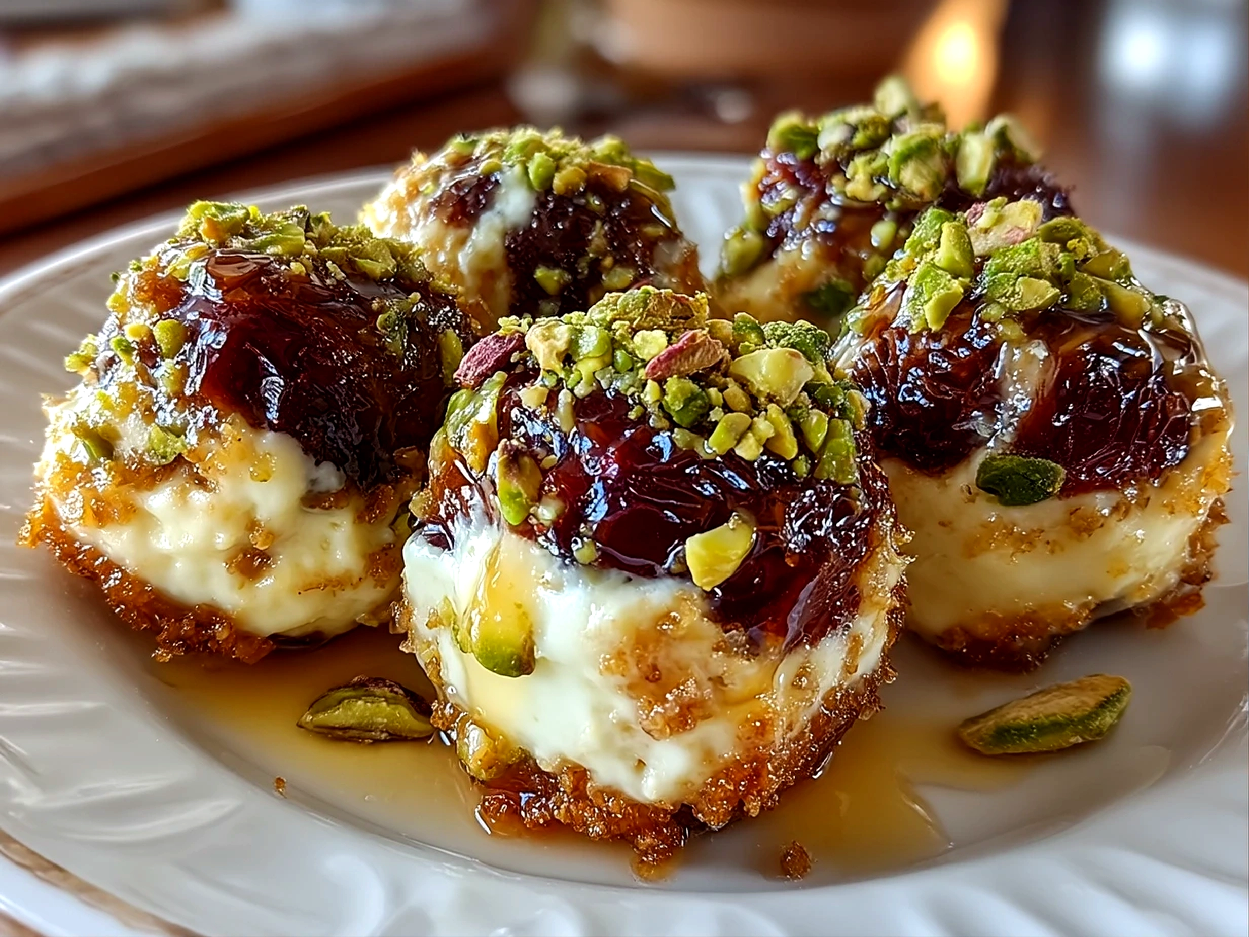 Close-up of finished Dates Cream Cheese Pistachio Honey appetizer with honey drizzle and pistachio topping