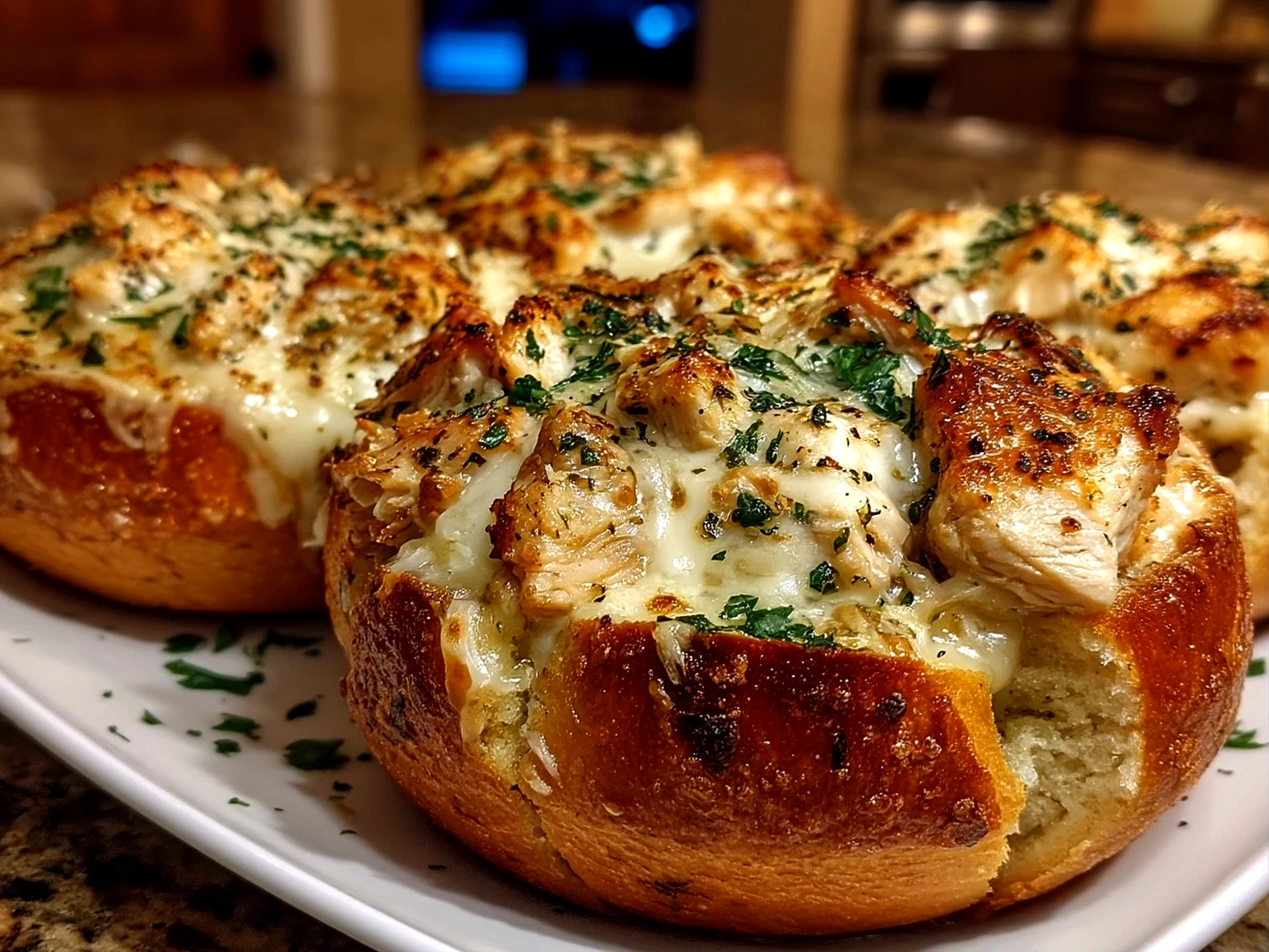 Close-up of finished comforting Chicken Alfredo Garlic Bread Bowls served fresh from the oven