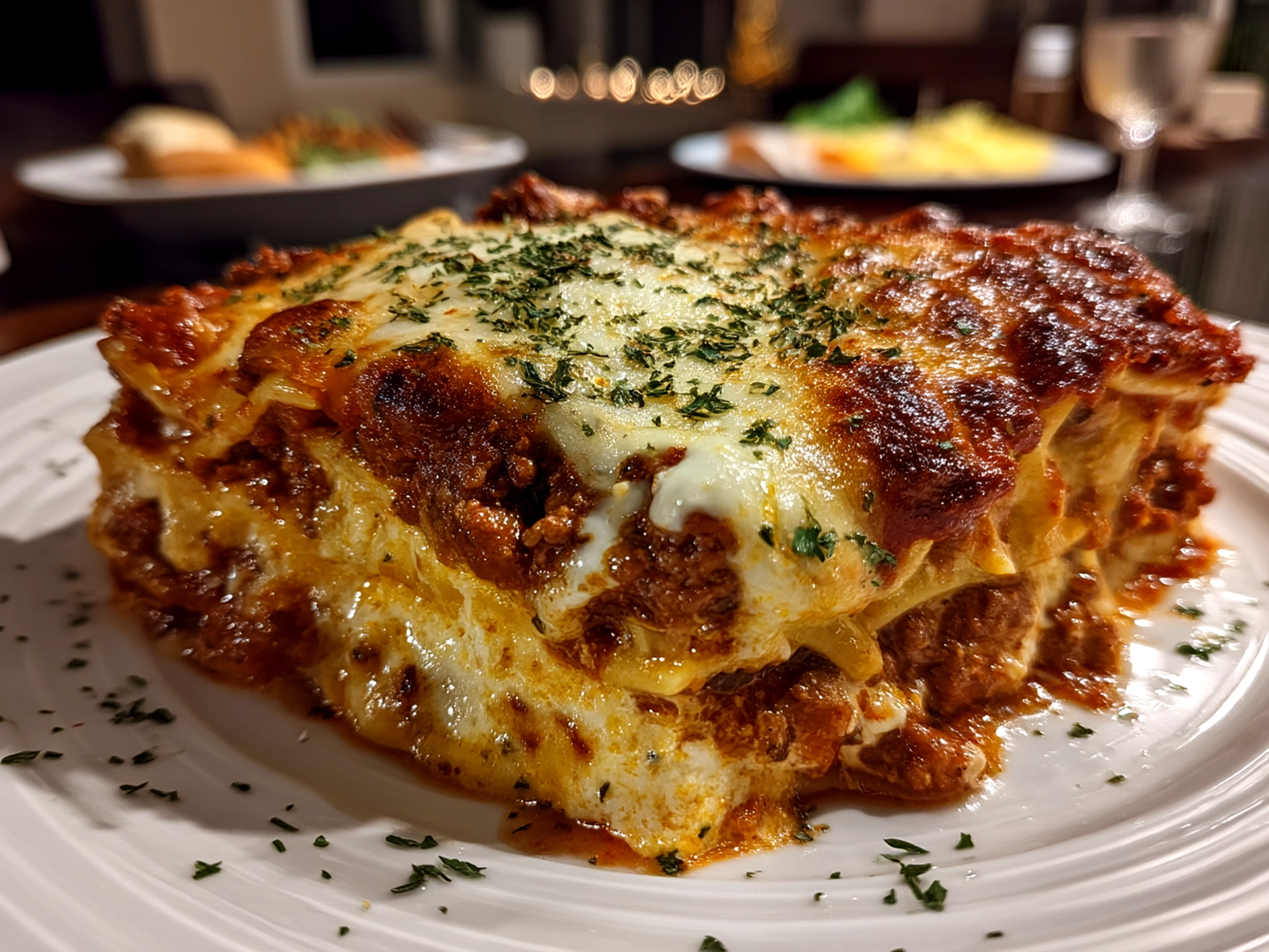 Slight angle close-up of finished comforting Classic Lasagna