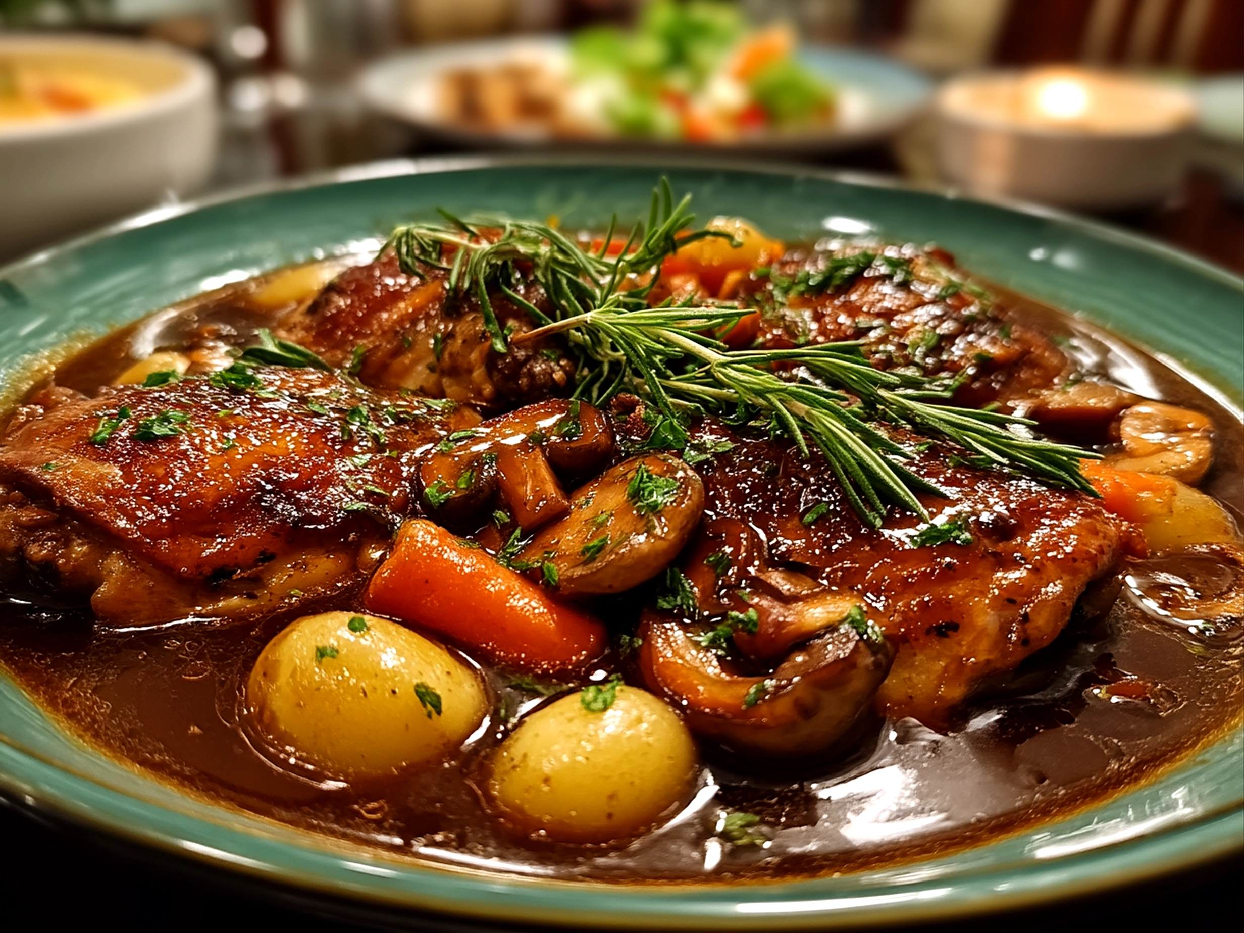 Slight angle close up of finished comforting Coq au Vin Classic Chicken