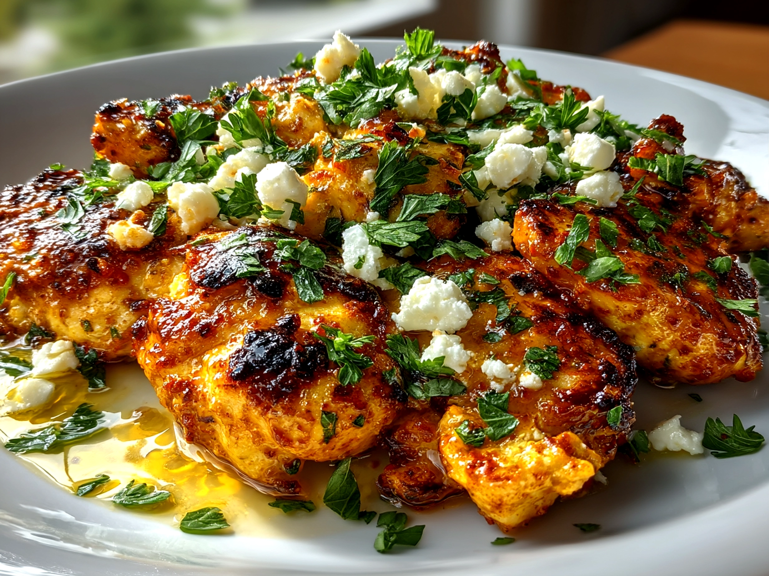 Slight angle close-up finished comforting Hot Honey Infused Feta Chicken with fresh vibrant finish